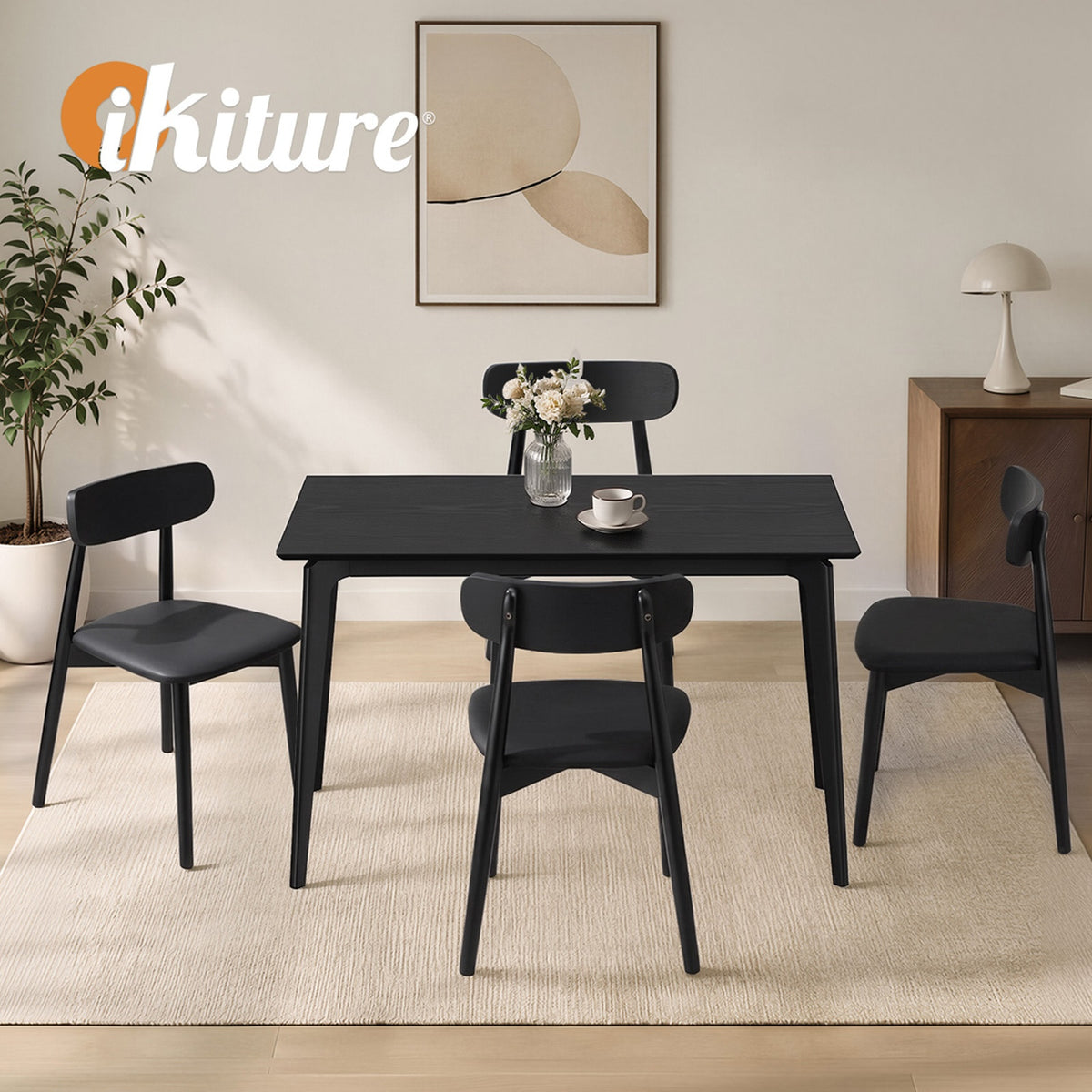 Oikiture 5PCS Dining Table Set 100cm Rectangle Dining Table and Chairs Black