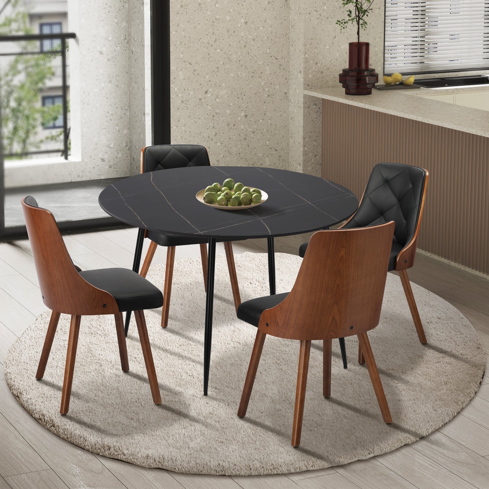 Oikiture 110cm Round Dining Table with 4PCS Dining Chairs Faux Leather Black - Sunyee
