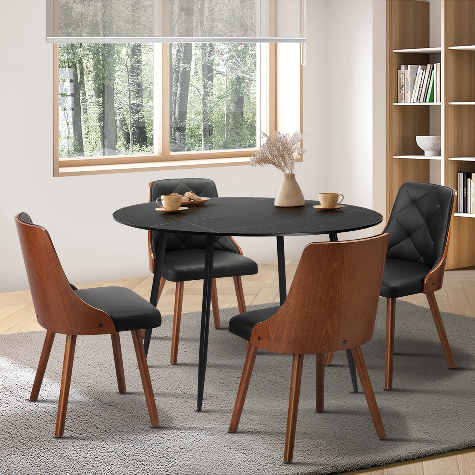 Oikiture 110cm Round Dining Table with 4PCS Dining Chairs Faux Leather Black - Sunyee