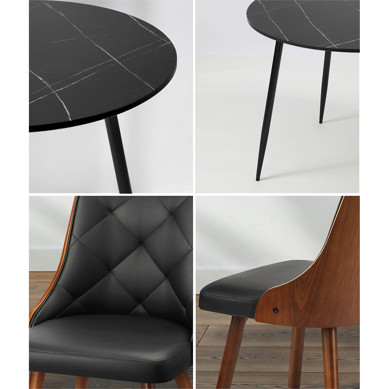 Oikiture 110cm Round Dining Table with 4PCS Dining Chairs Faux Leather Black - Sunyee