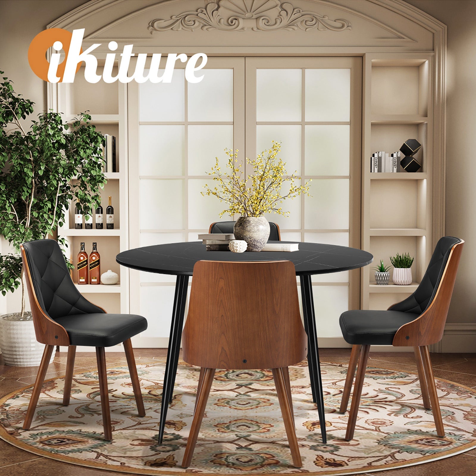 Oikiture 110cm Round Dining Table with 4PCS Dining Chairs Faux Leather Black - Sunyee