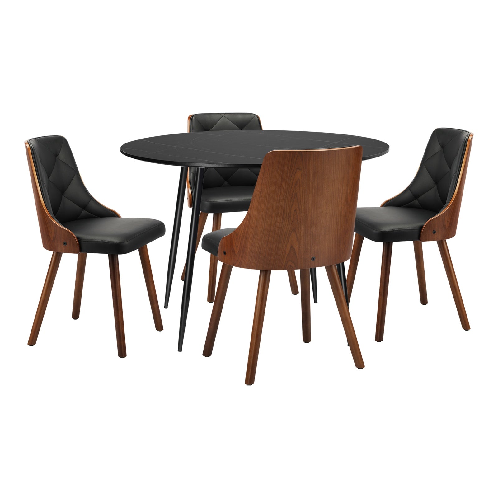 Oikiture 110cm Round Dining Table with 4PCS Dining Chairs Faux Leather Black - Sunyee