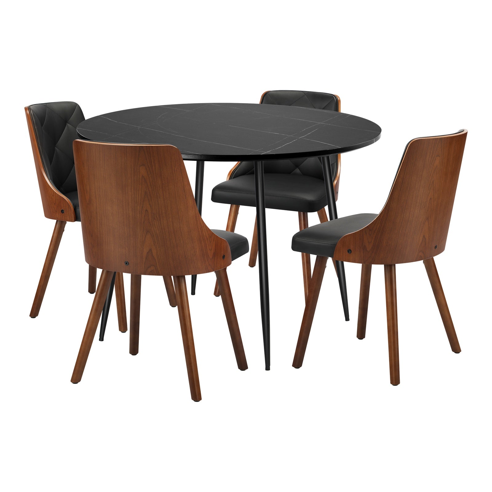 Oikiture 110cm Round Dining Table with 4PCS Dining Chairs Faux Leather Black - Sunyee