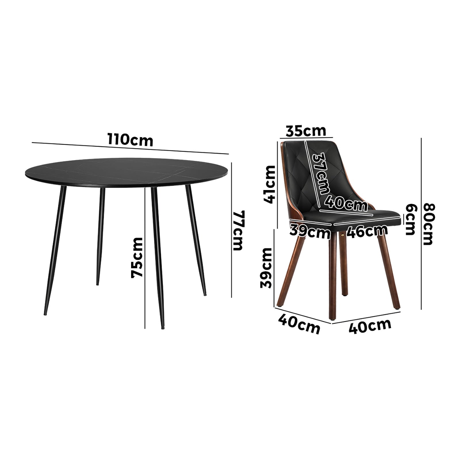 Oikiture 110cm Round Dining Table with 4PCS Dining Chairs Faux Leather Black - Sunyee