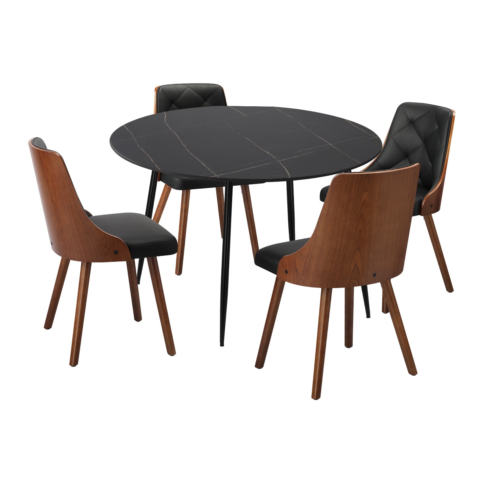 Oikiture 110cm Round Dining Table with 4PCS Dining Chairs Faux Leather Black - Sunyee