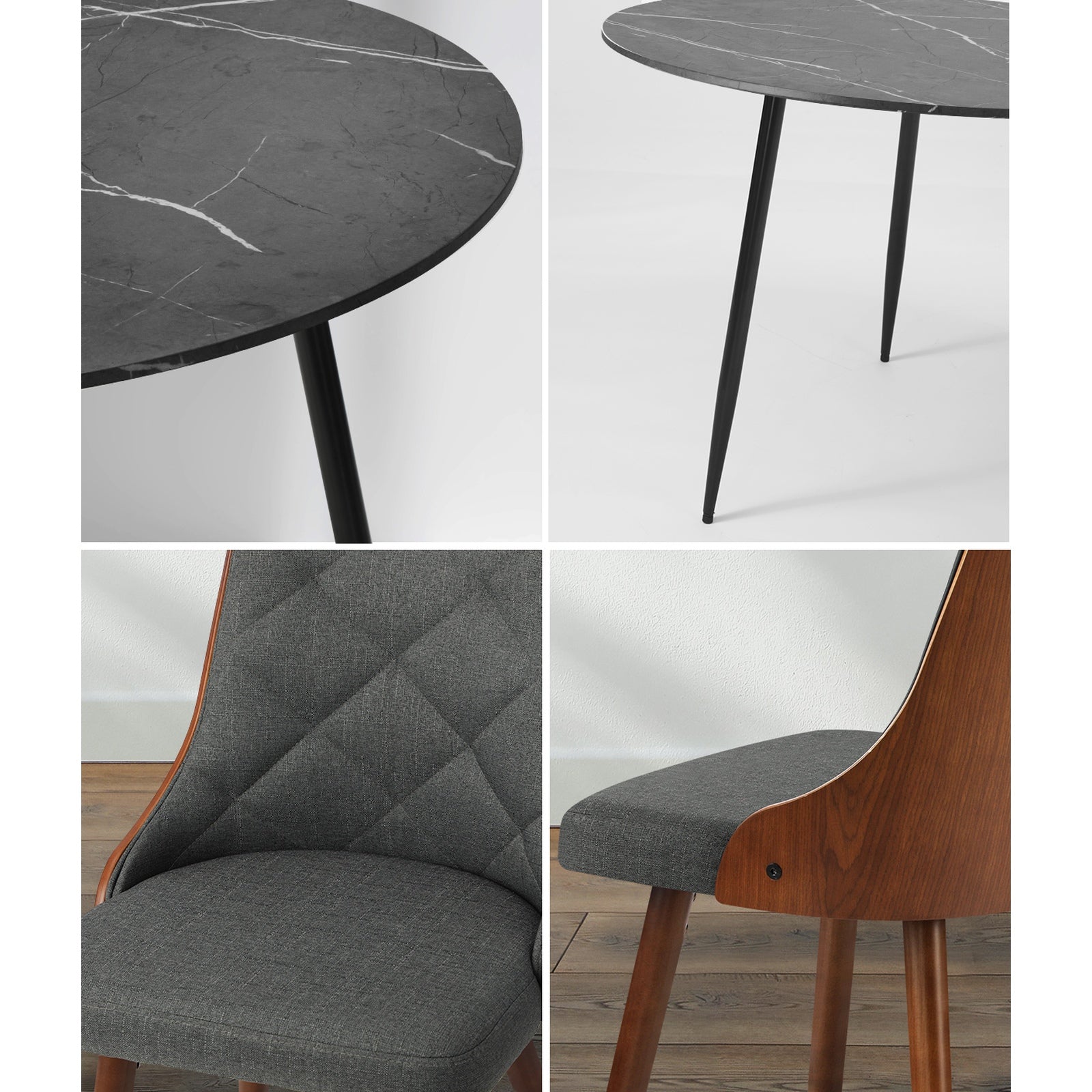 Oikiture 110cm Round Dining Table with 4PCS Dining Chairs Faux Linen Grey - Sunyee