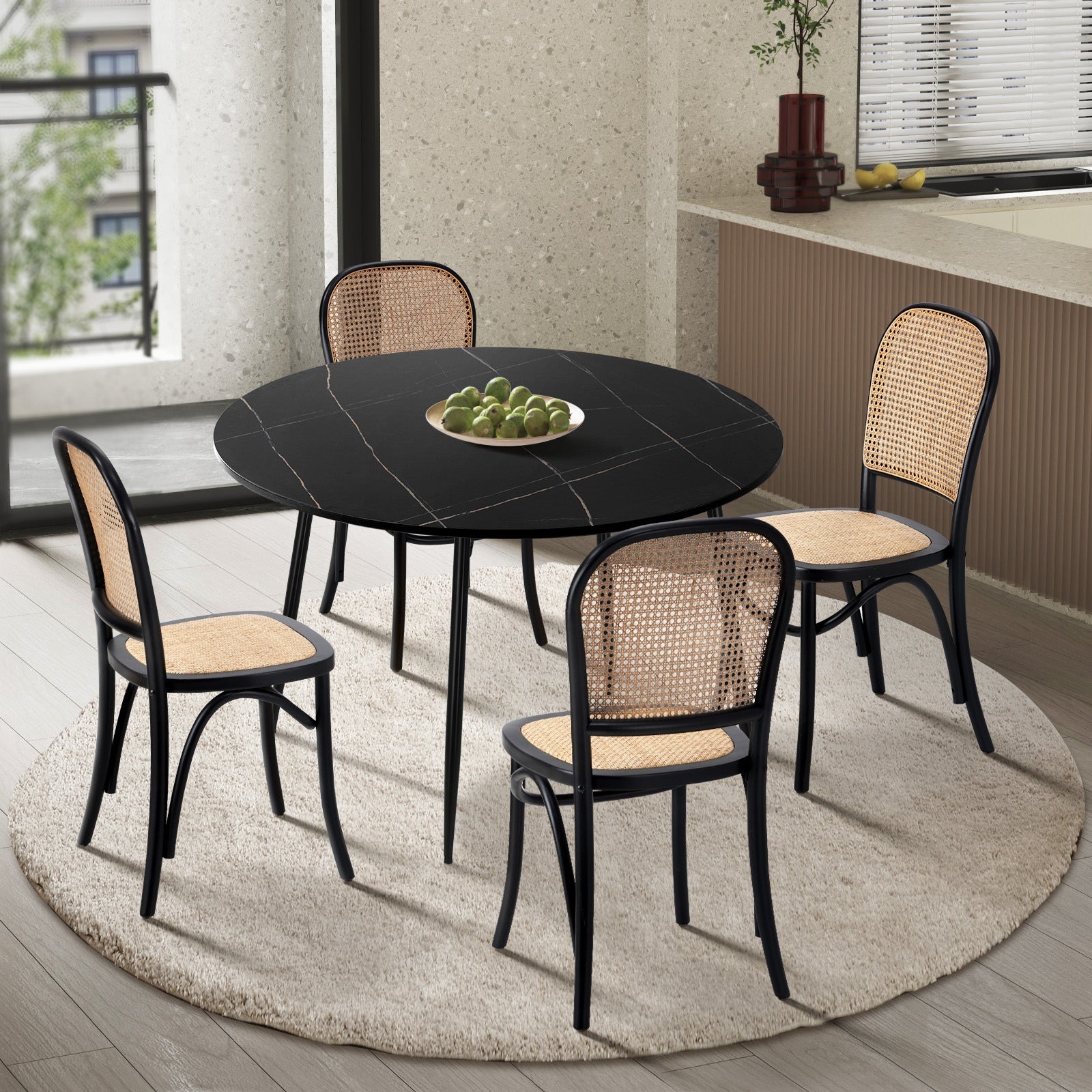 Oikiture 110cm Round Dining Table with 4PCS Dining Chairs Wooden Black - Sunyee