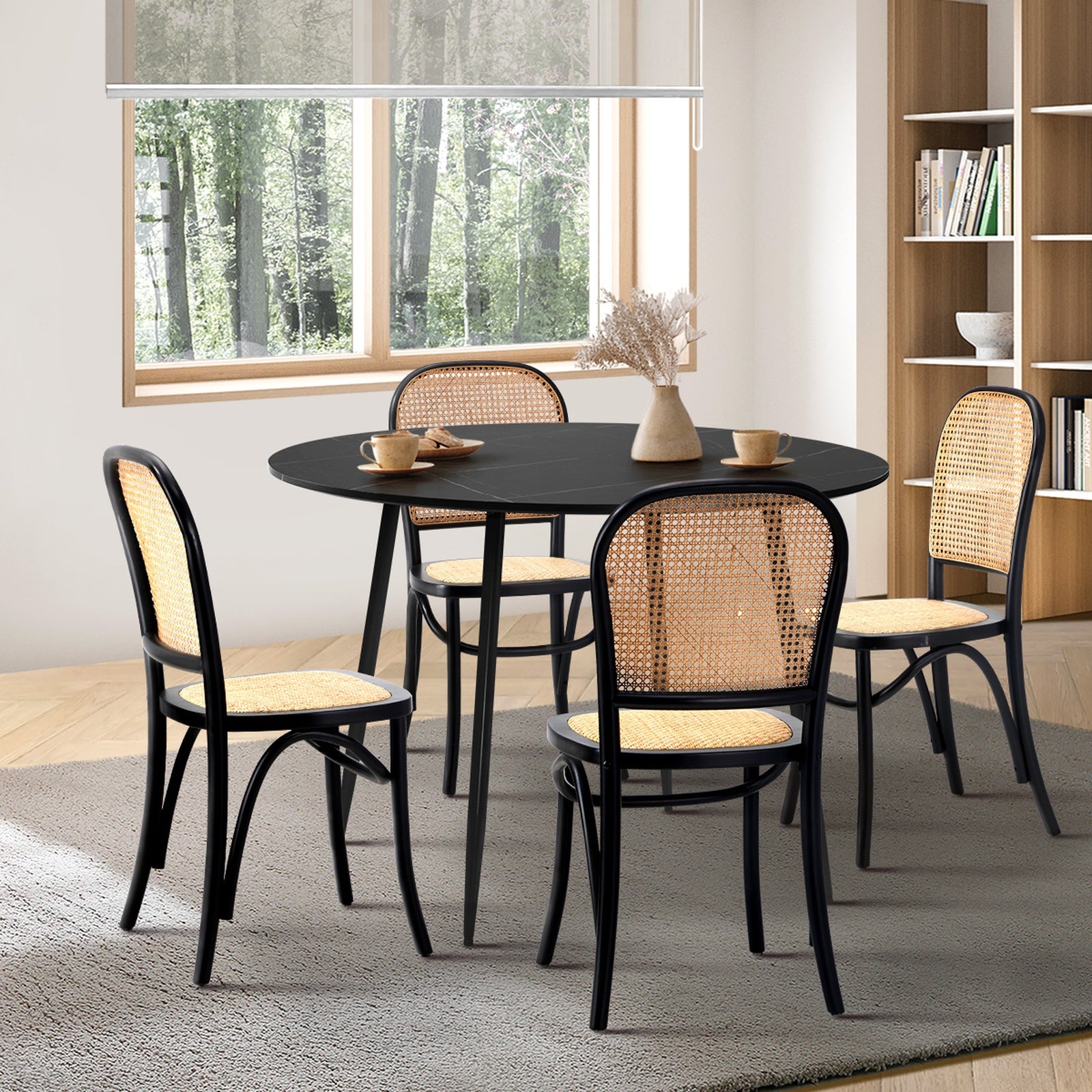 Oikiture 110cm Round Dining Table with 4PCS Dining Chairs Wooden Black - Sunyee