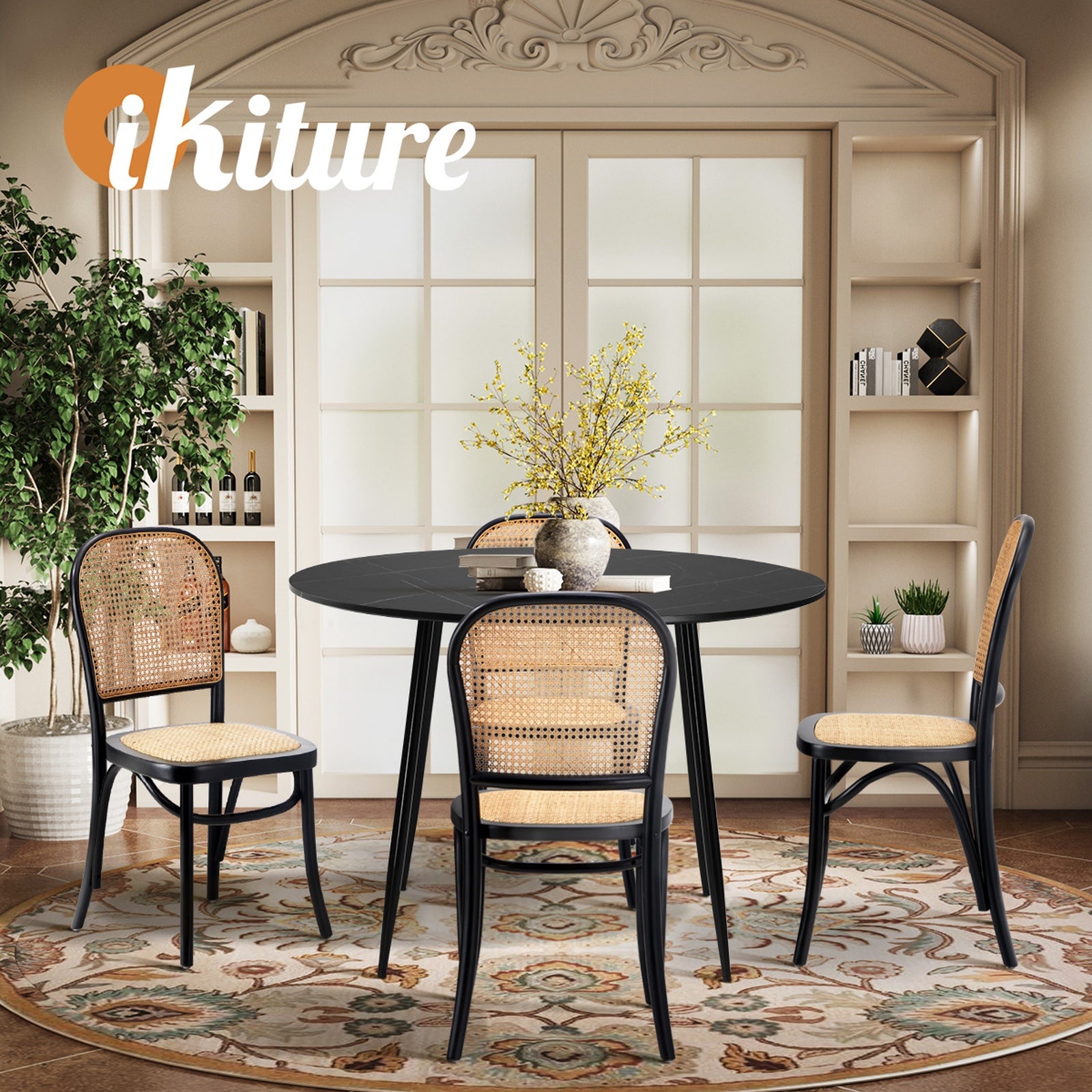 Oikiture 110cm Round Dining Table with 4PCS Dining Chairs Wooden Black - Sunyee
