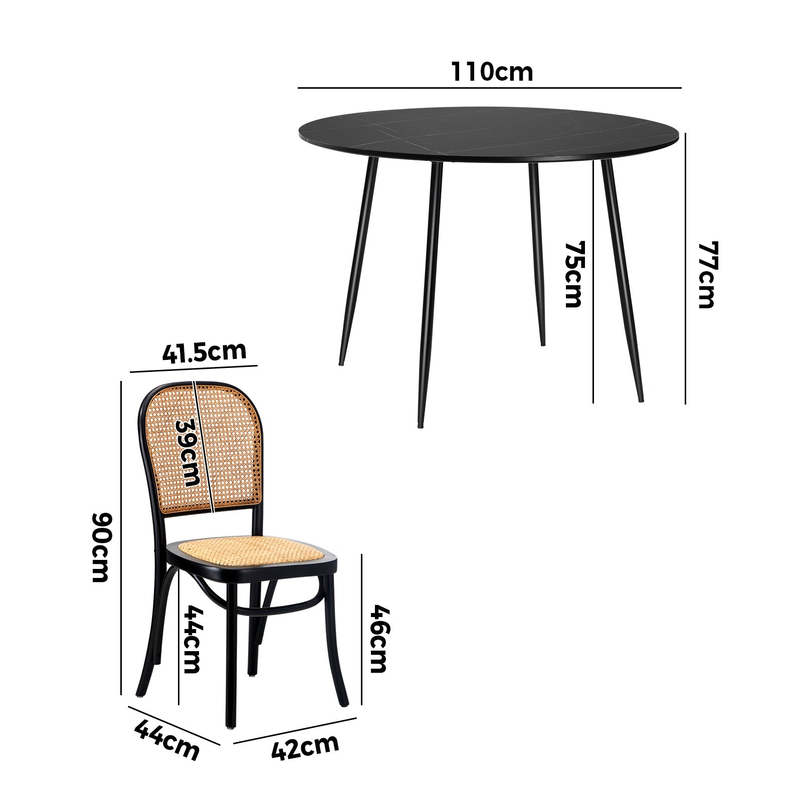 Oikiture 110cm Round Dining Table with 4PCS Dining Chairs Wooden Black - Sunyee
