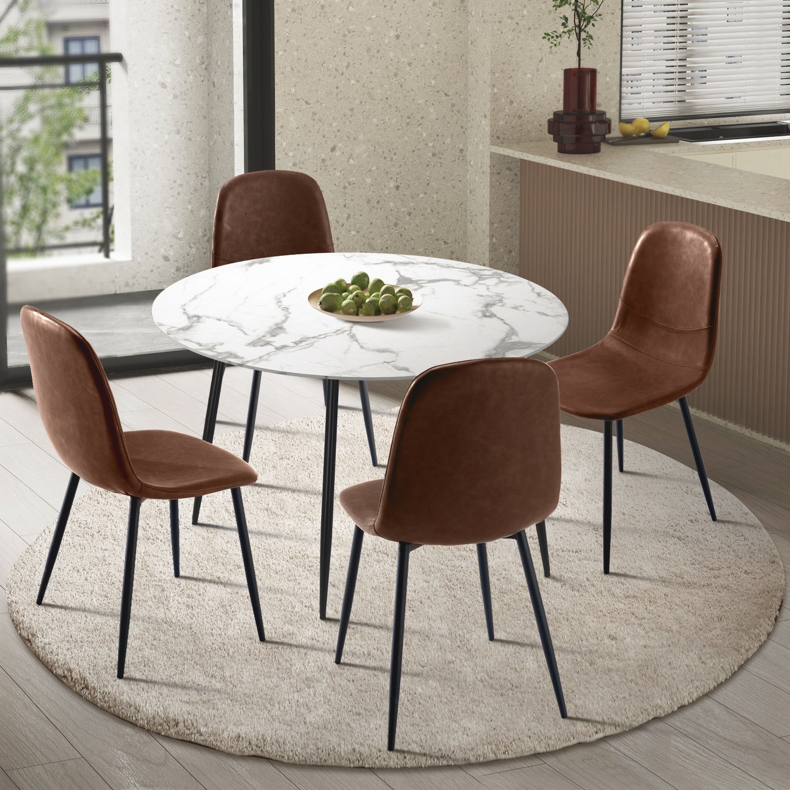 Oikiture 110cm Round Dining Table with 4PCS Dining Chairs PU Brown - Sunyee