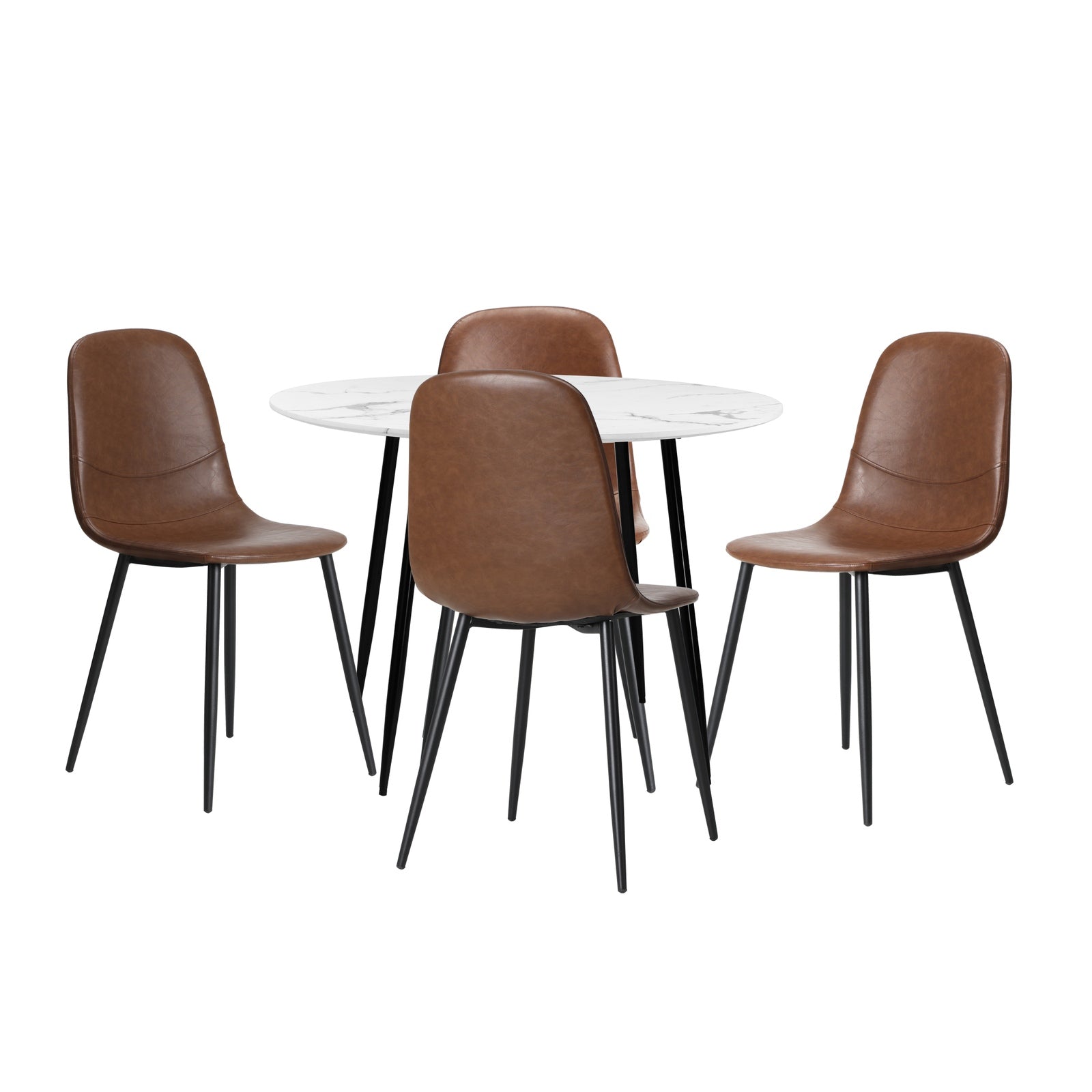 Oikiture 110cm Round Dining Table with 4PCS Dining Chairs PU Brown - Sunyee