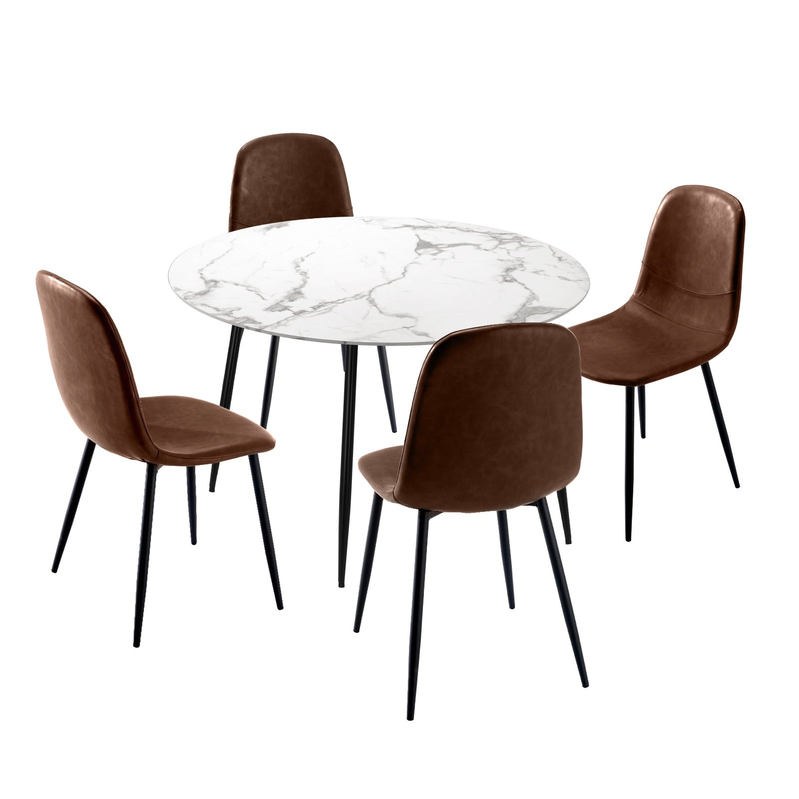 Oikiture 110cm Round Dining Table with 4PCS Dining Chairs PU Brown - Sunyee