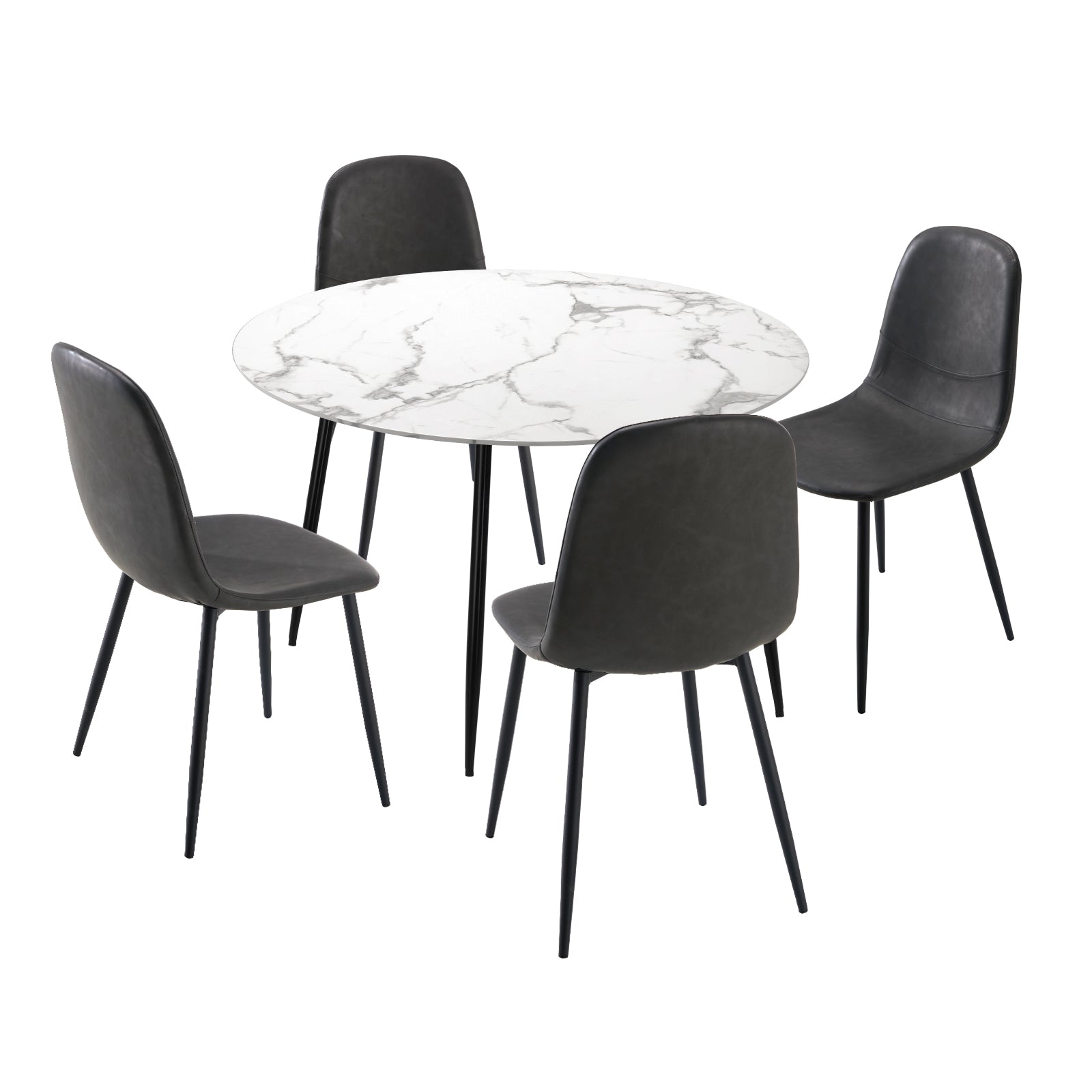 Oikiture 110cm Round Dining Table with 4PCS Dining Chairs PU Grey - Sunyee