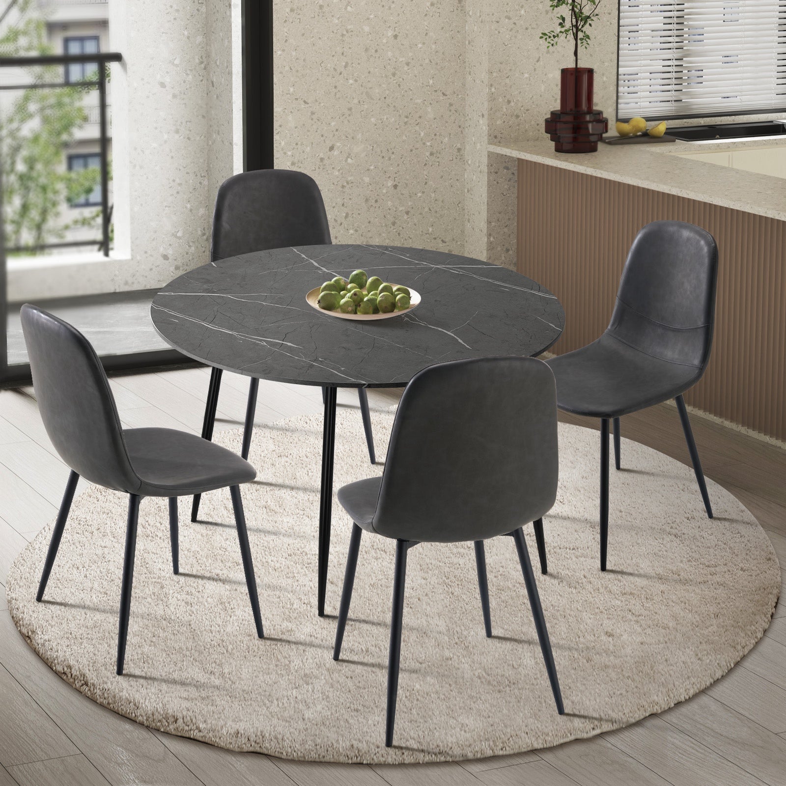 Oikiture 110cm Round Dining Table with 4PCS Dining Chairs PU Grey&Black - Sunyee