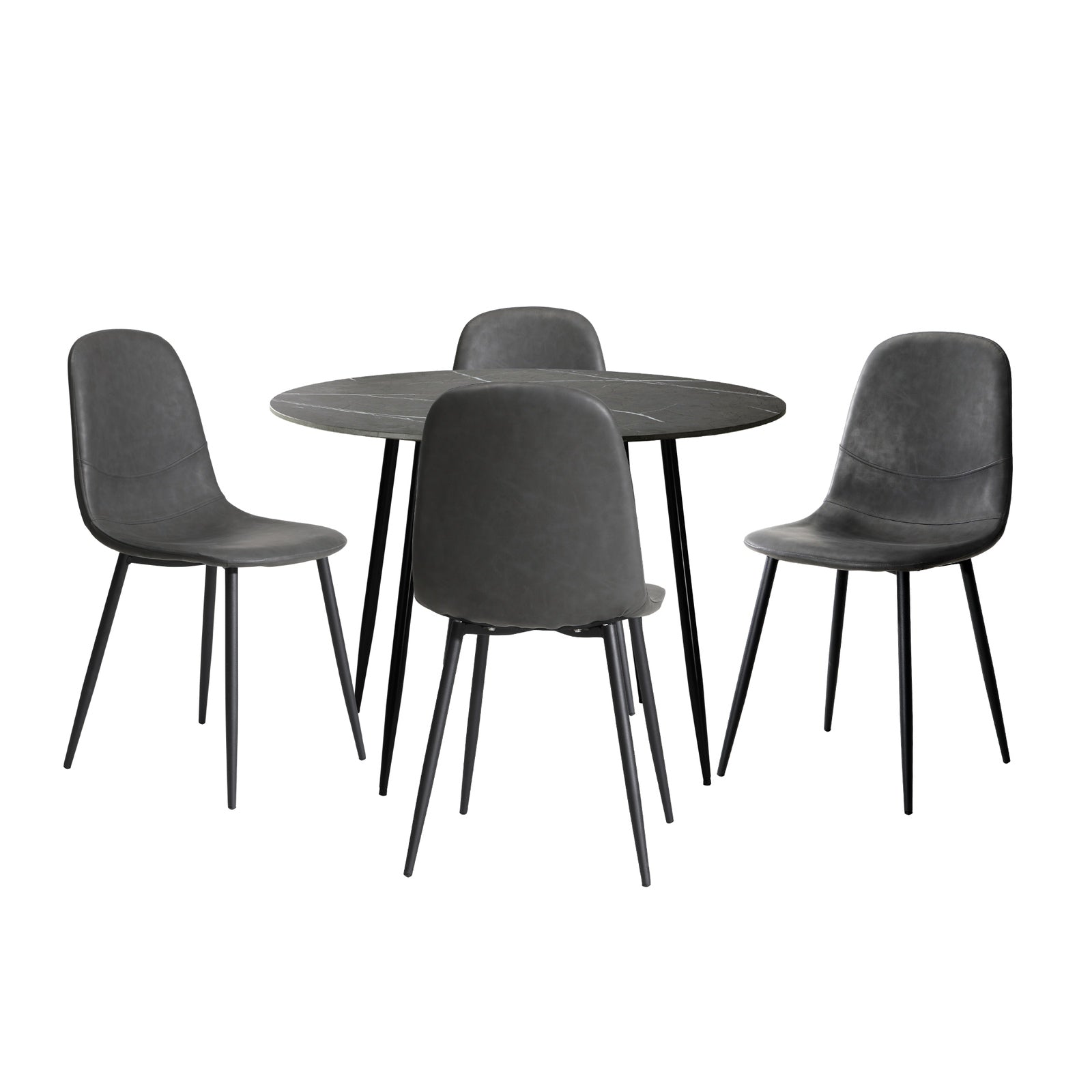 Oikiture 110cm Round Dining Table with 4PCS Dining Chairs PU Grey&Black - Sunyee