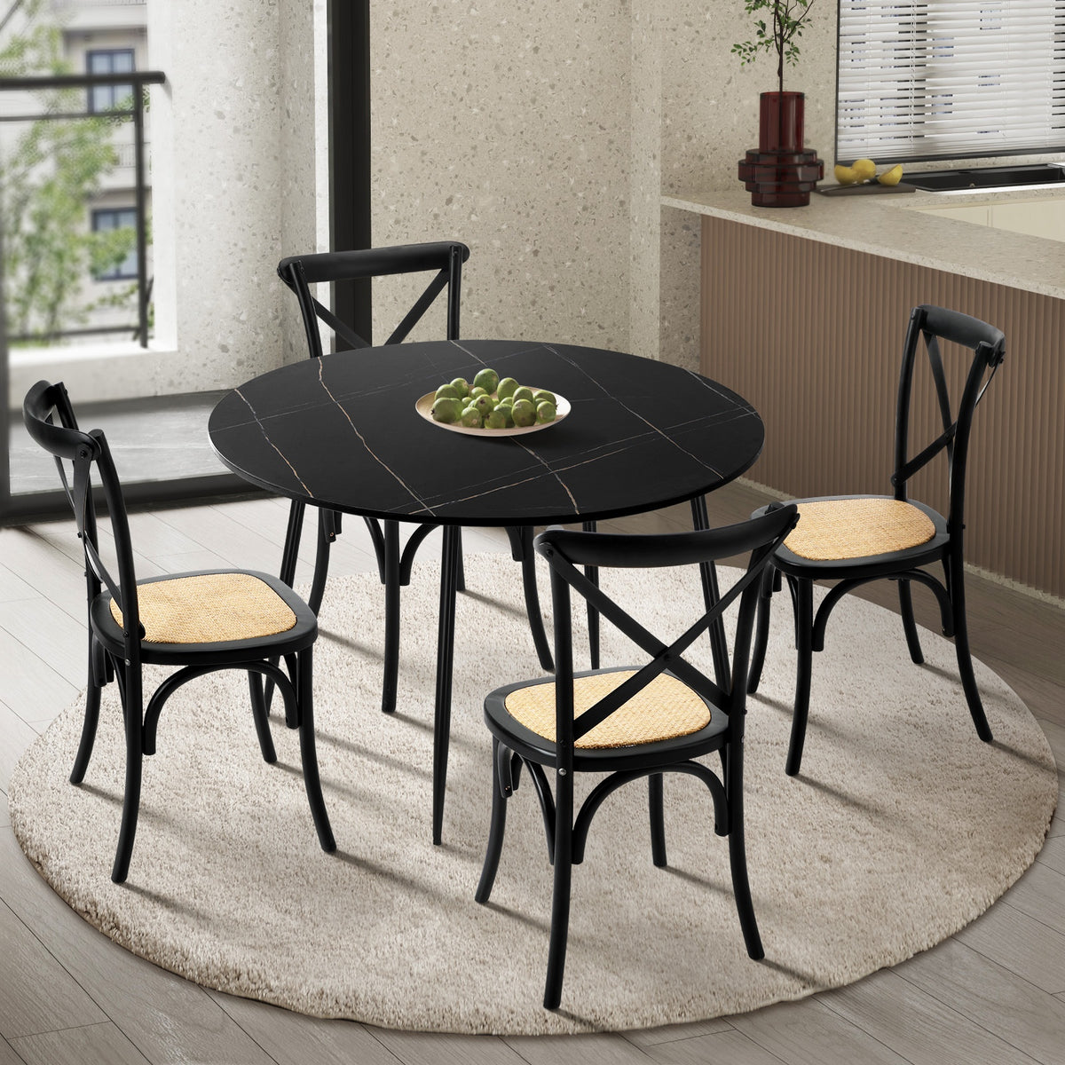 Oikiture 110cm Round Dining Table with 4PCS Dining Chairs Birch Timber Black - Sunyee