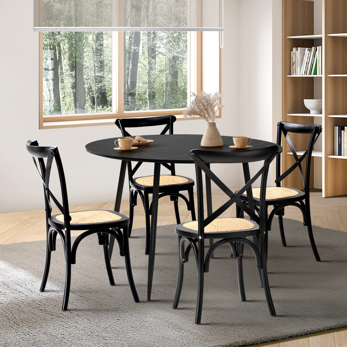 Oikiture 110cm Round Dining Table with 4PCS Dining Chairs Birch Timber Black - Sunyee