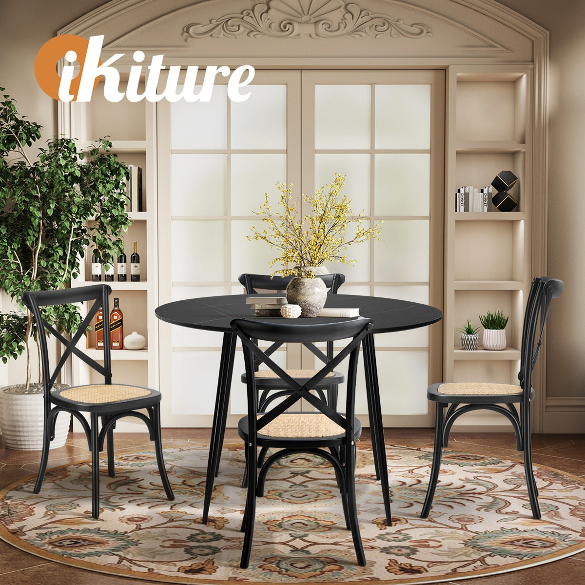 Oikiture 110cm Round Dining Table with 4PCS Dining Chairs Birch Timber Black - Sunyee