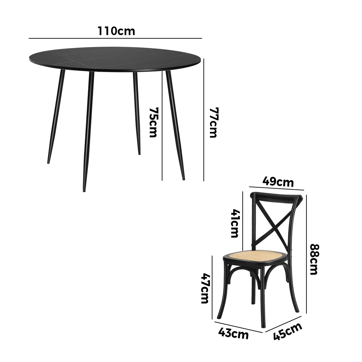 Oikiture 110cm Round Dining Table with 4PCS Dining Chairs Birch Timber Black - Sunyee