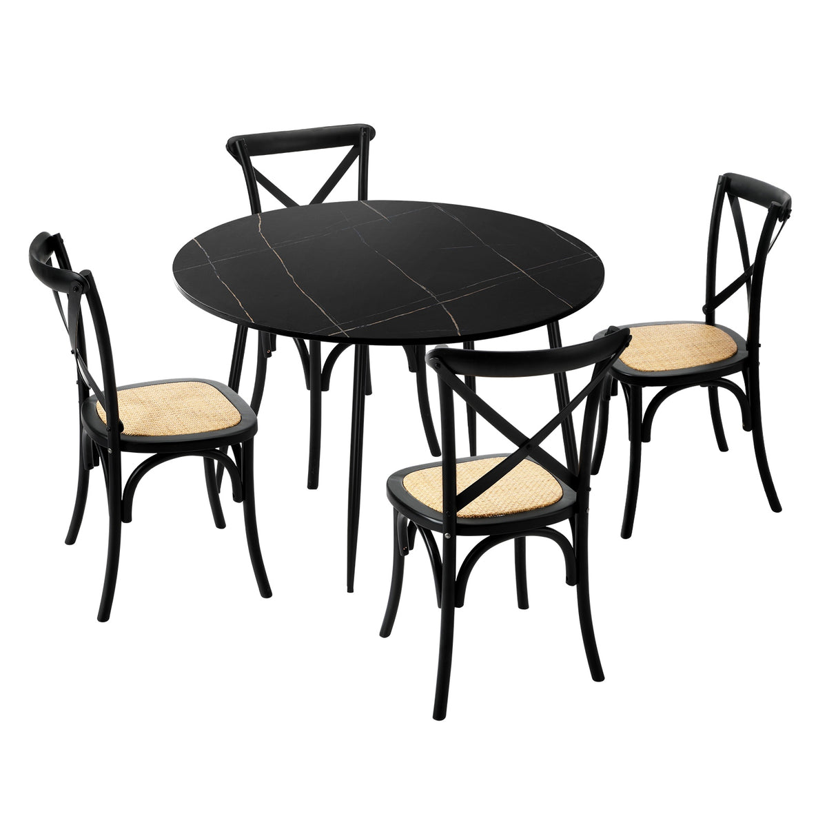 Oikiture 110cm Round Dining Table with 4PCS Dining Chairs Birch Timber Black - Sunyee