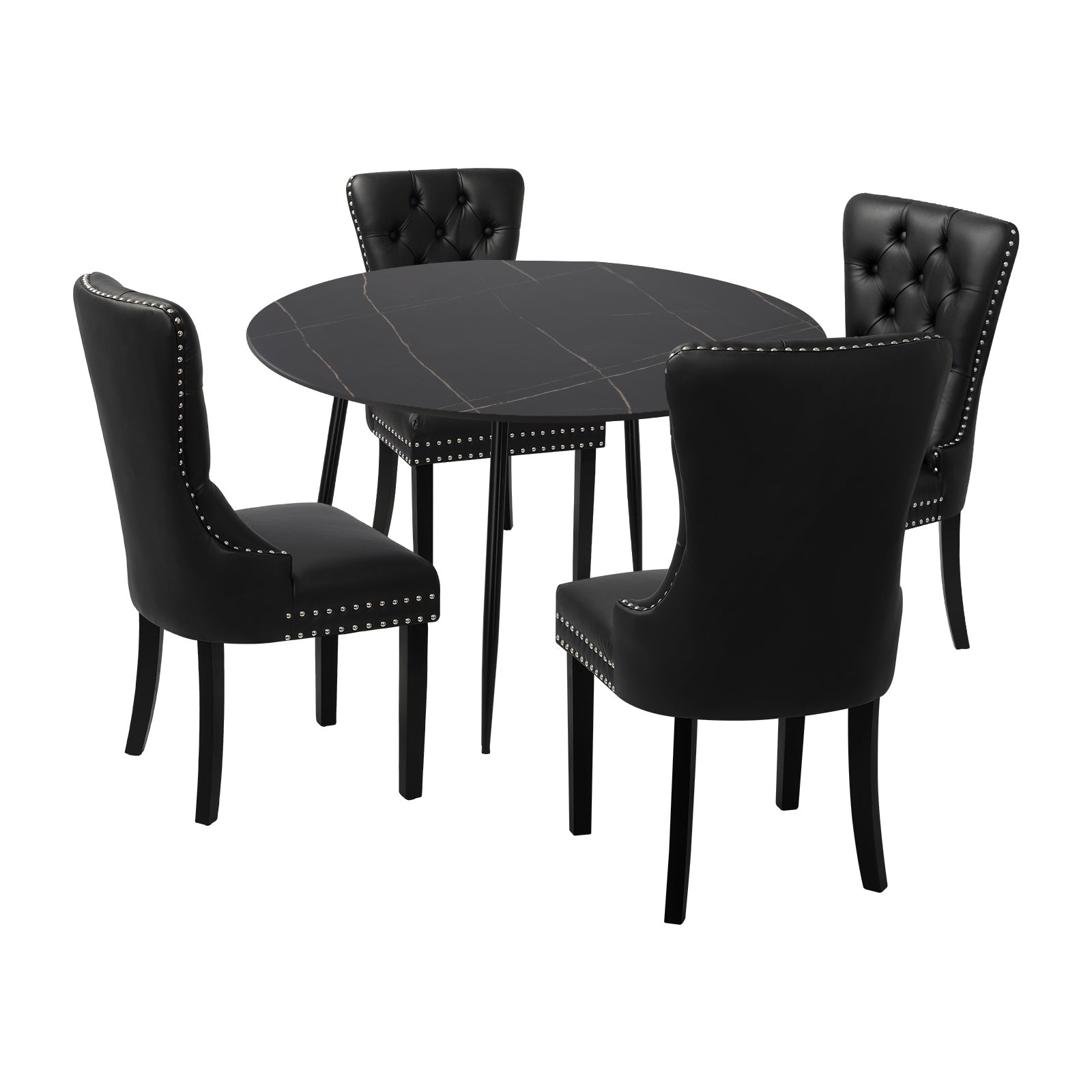 Oikiture 110cm Round Dining Table with 4PCS Dining Chairs PU Leather Black - Sunyee
