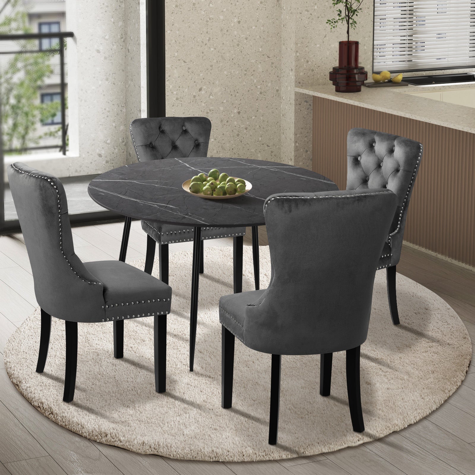 Oikiture 110cm Round Dining Table with 4PCS Dining Chairs Velvet Grey - Sunyee