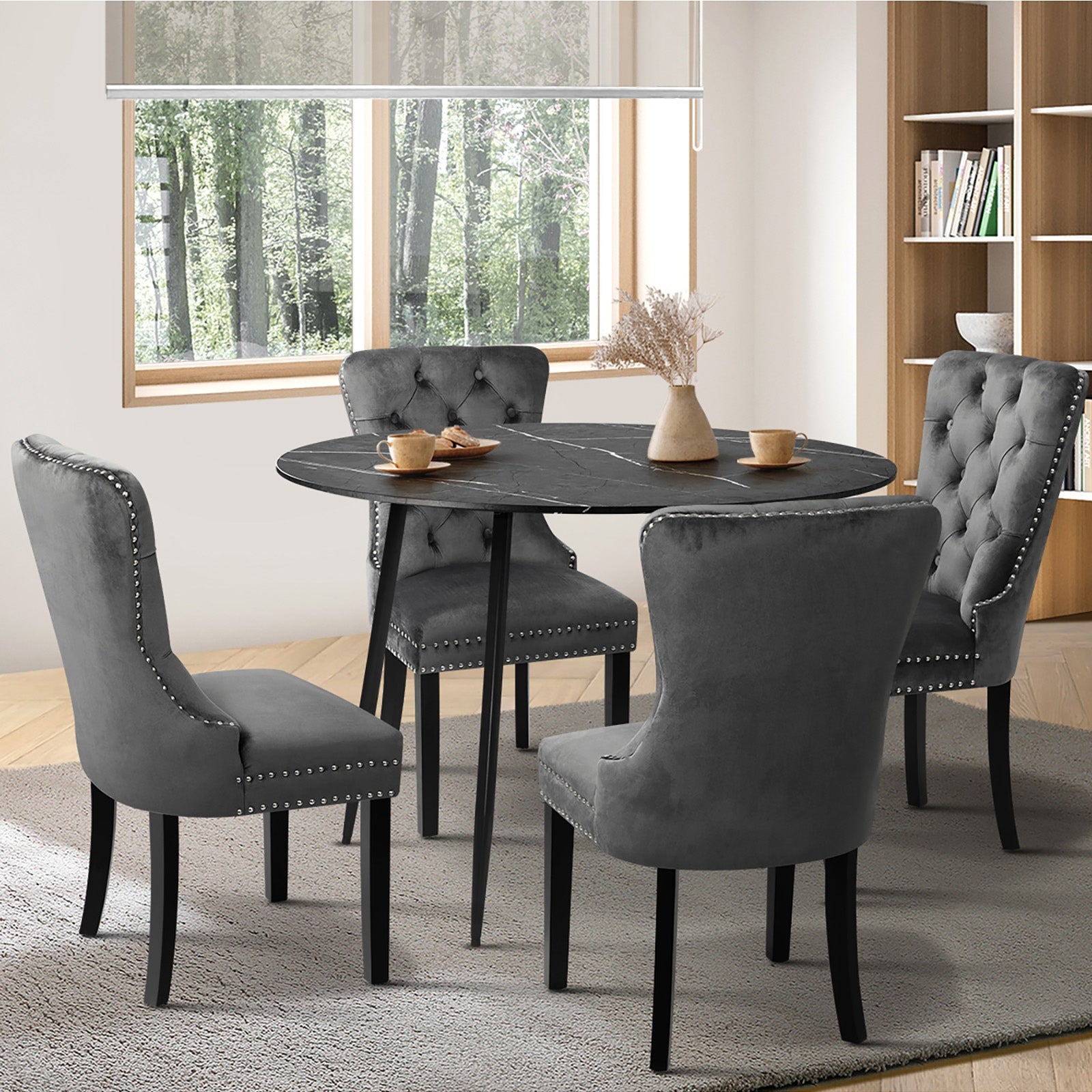 Oikiture 110cm Round Dining Table with 4PCS Dining Chairs Velvet Grey - Sunyee