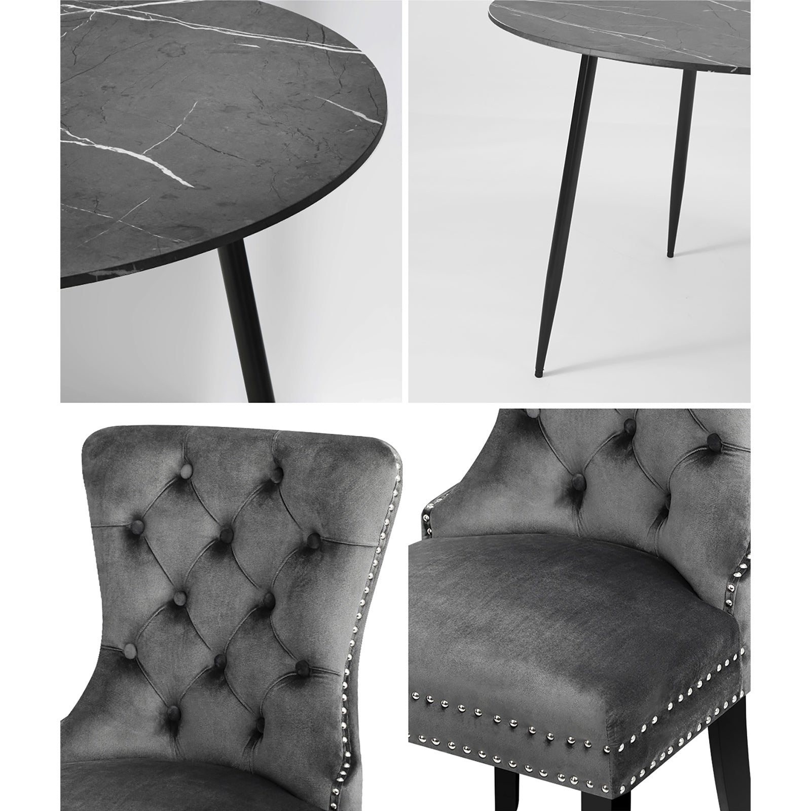 Oikiture 110cm Round Dining Table with 4PCS Dining Chairs Velvet Grey - Sunyee