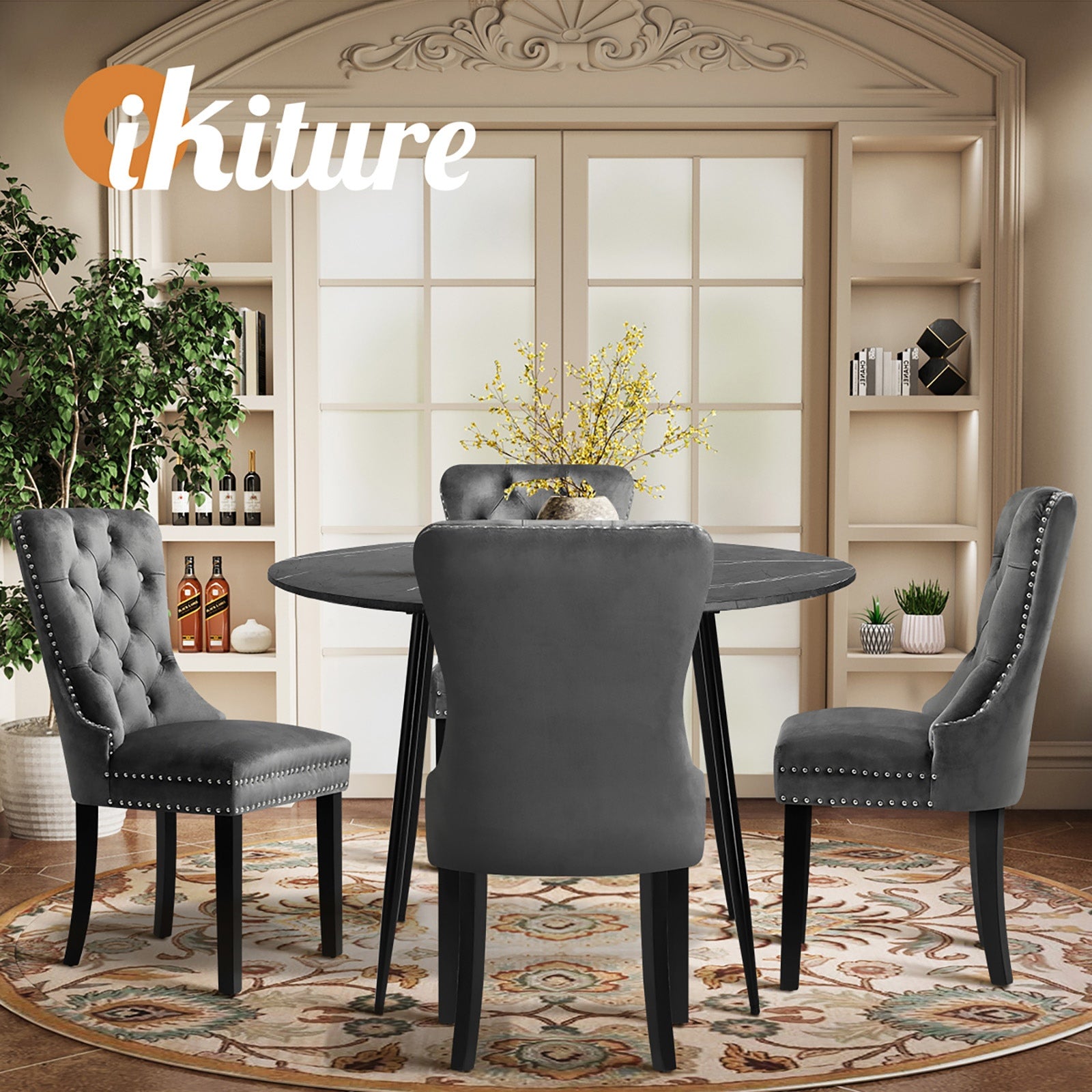 Oikiture 110cm Round Dining Table with 4PCS Dining Chairs Velvet Grey - Sunyee