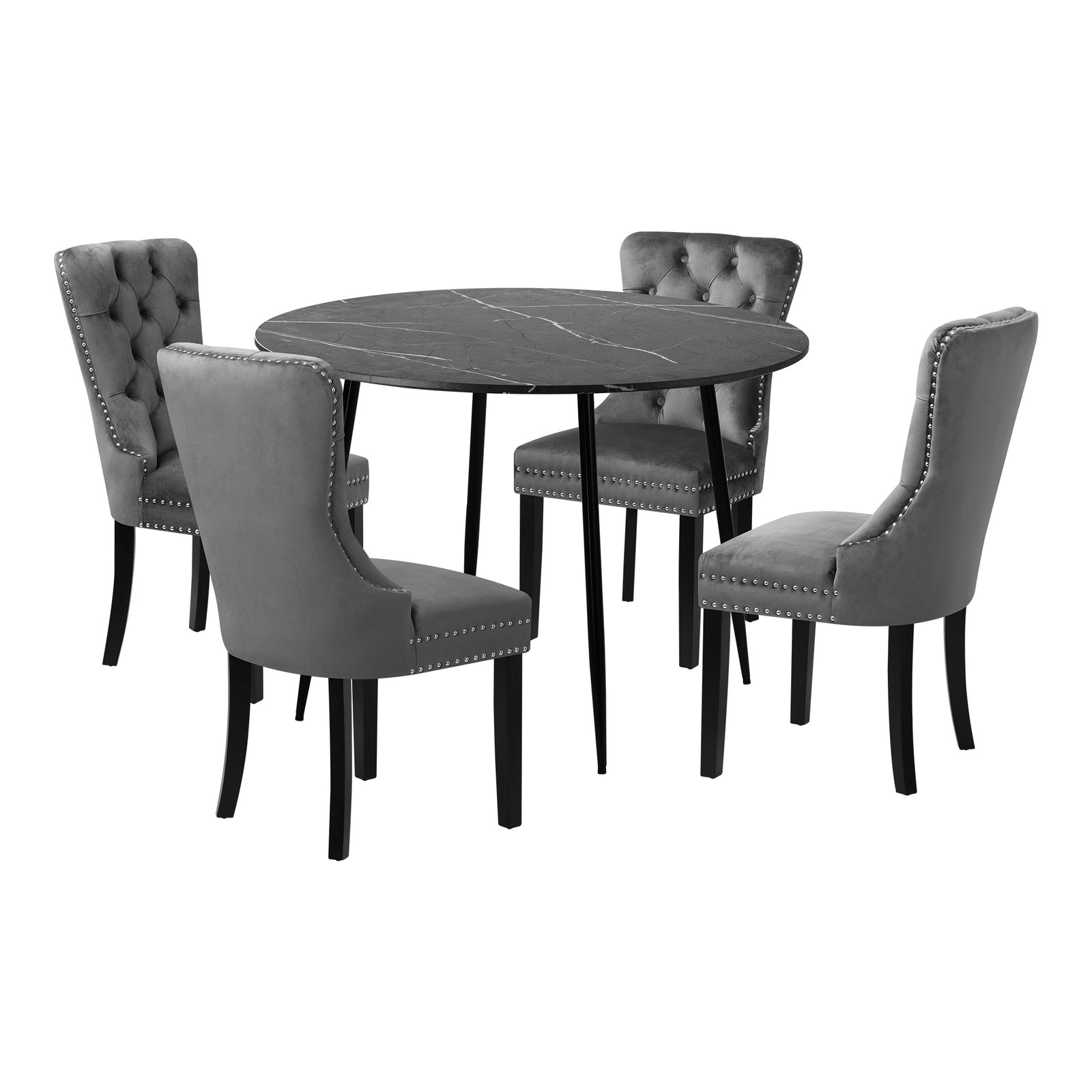 Oikiture 110cm Round Dining Table with 4PCS Dining Chairs Velvet Grey - Sunyee