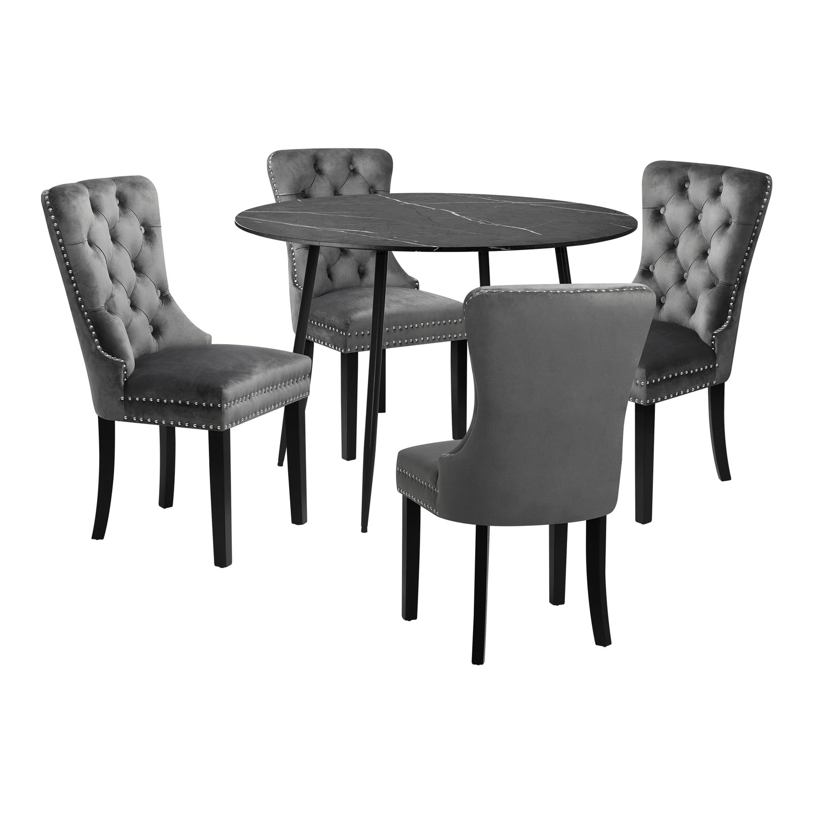 Oikiture 110cm Round Dining Table with 4PCS Dining Chairs Velvet Grey - Sunyee