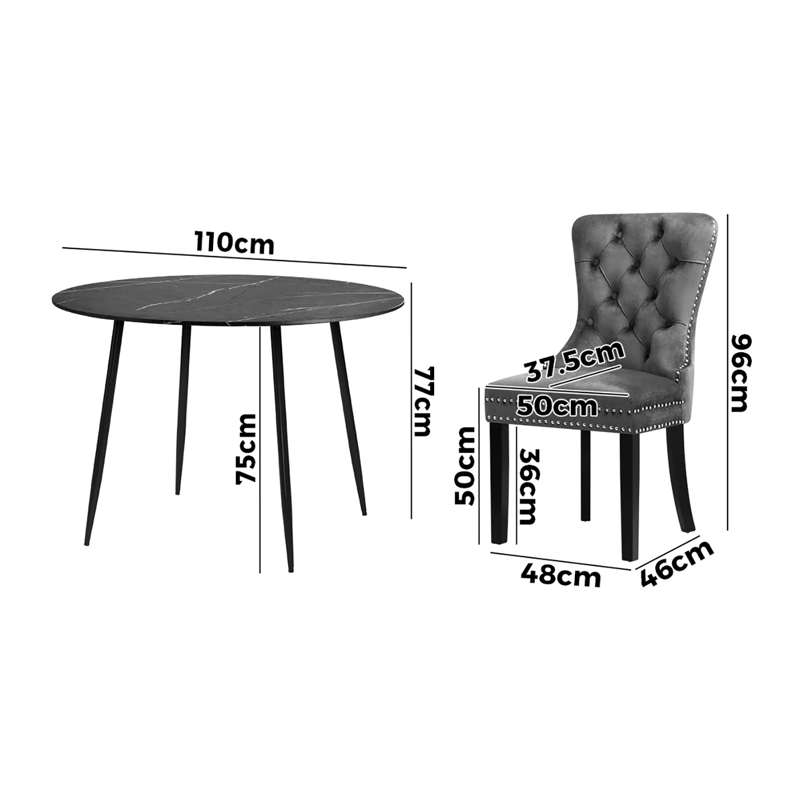 Oikiture 110cm Round Dining Table with 4PCS Dining Chairs Velvet Grey - Sunyee