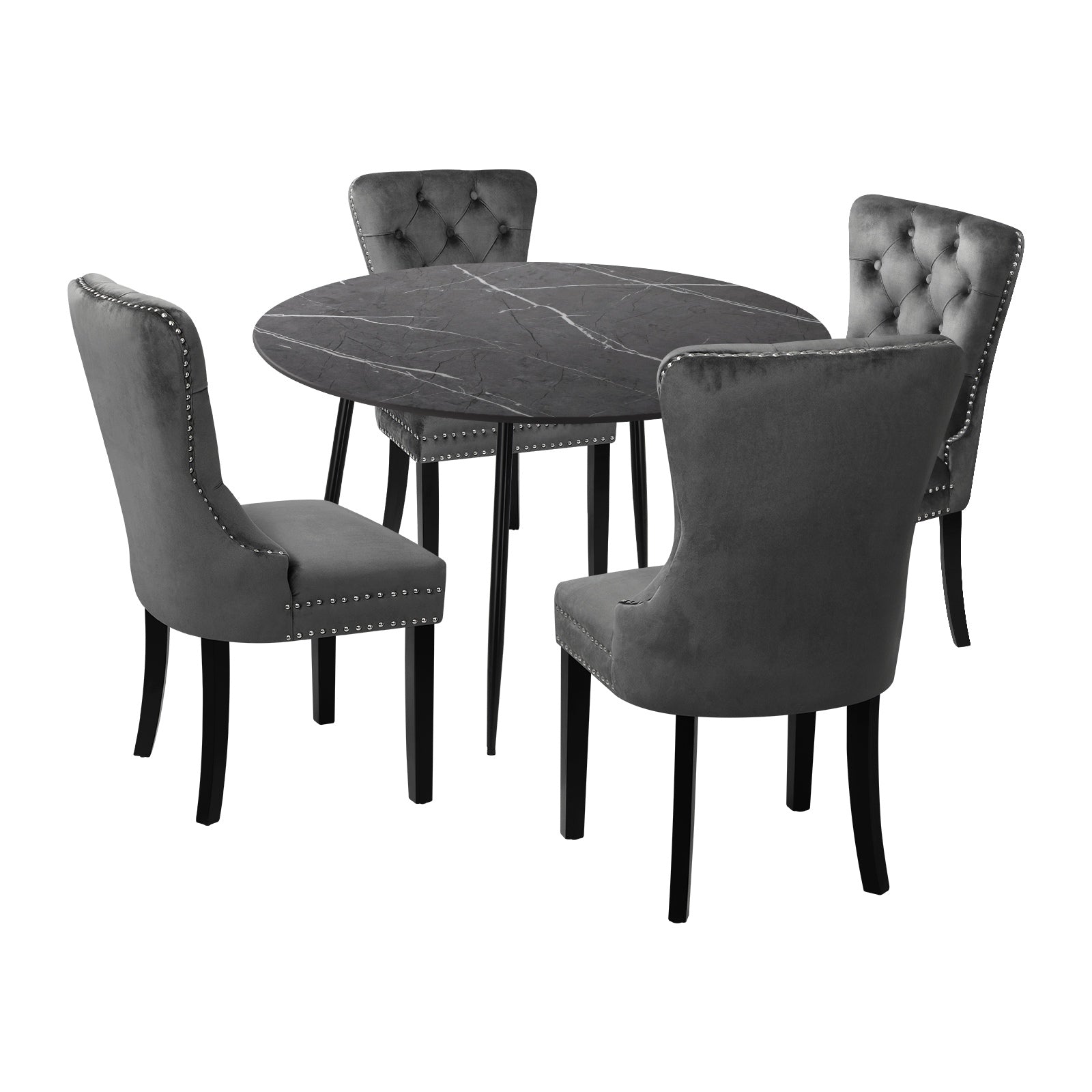 Oikiture 110cm Round Dining Table with 4PCS Dining Chairs Velvet Grey - Sunyee