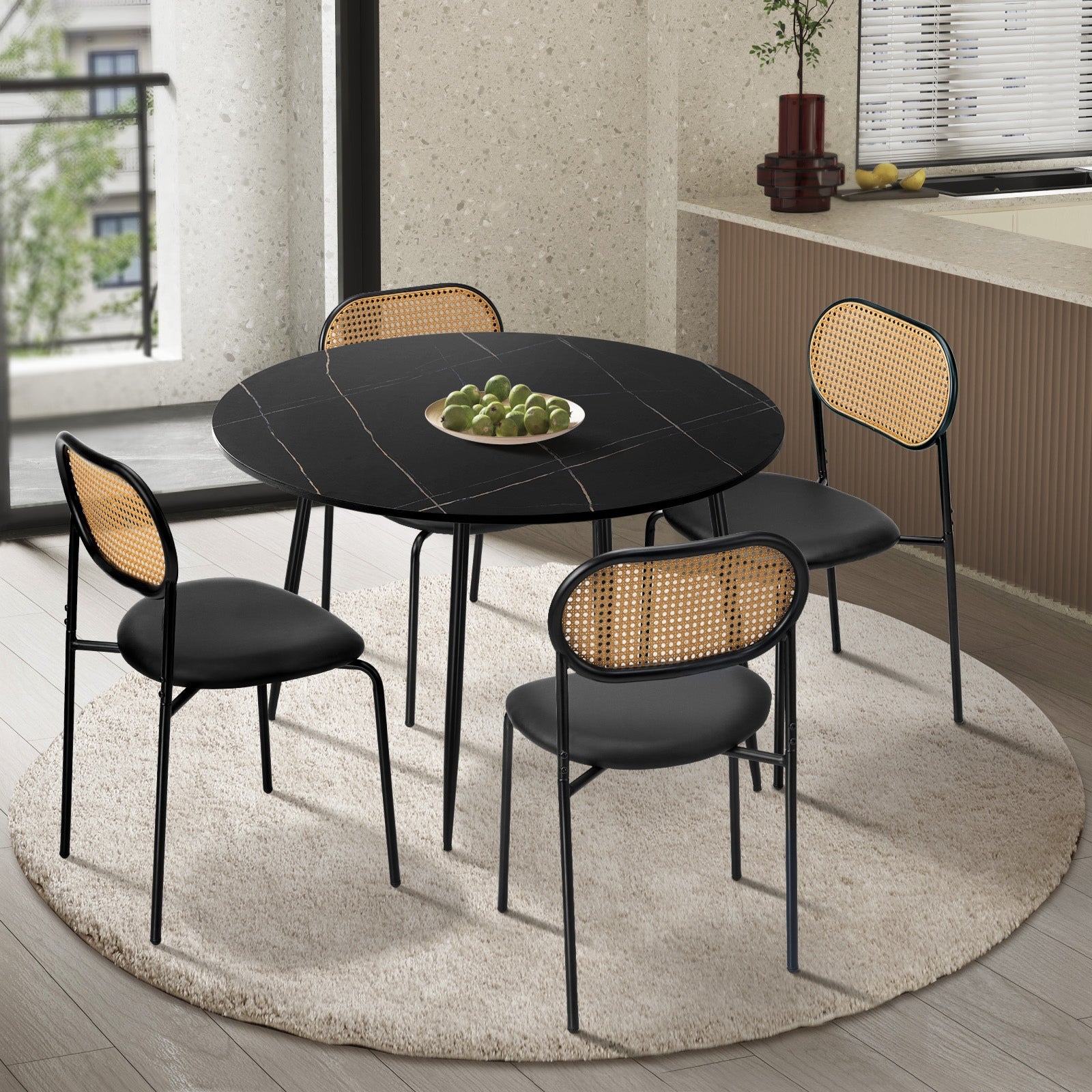 Oikiture 110cm Round Dining Table with 4PCS Dining Chairs PU Leather Black - Sunyee