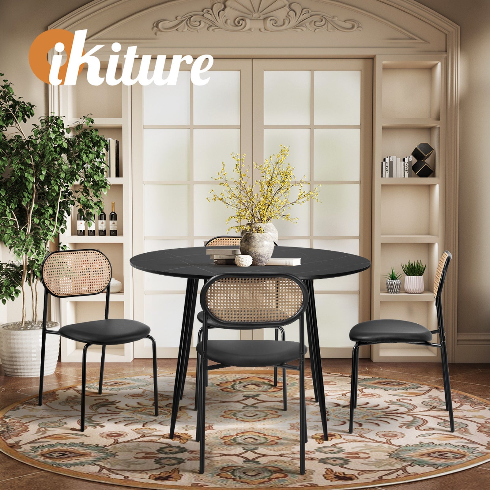Oikiture 110cm Round Dining Table with 4PCS Dining Chairs PU Leather Black - Sunyee