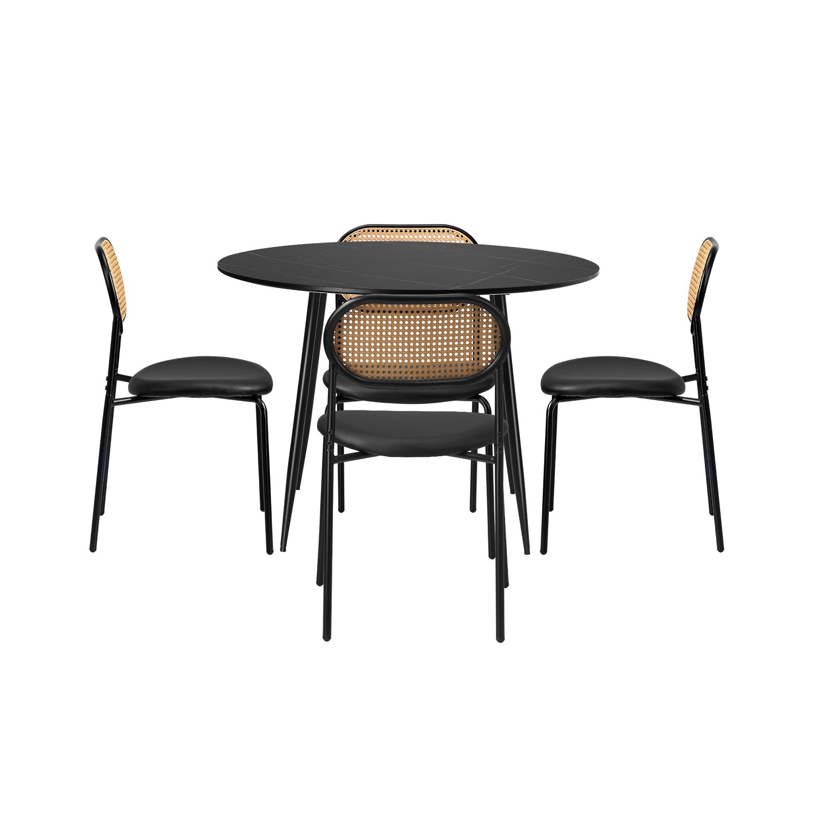 Oikiture 110cm Round Dining Table with 4PCS Dining Chairs PU Leather Black - Sunyee