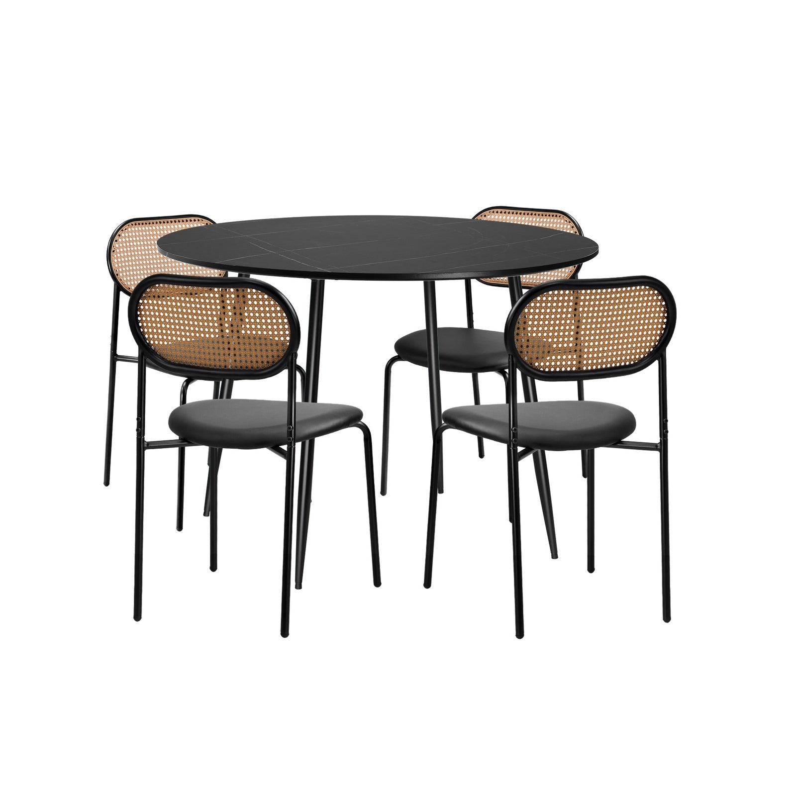 Oikiture 110cm Round Dining Table with 4PCS Dining Chairs PU Leather Black - Sunyee