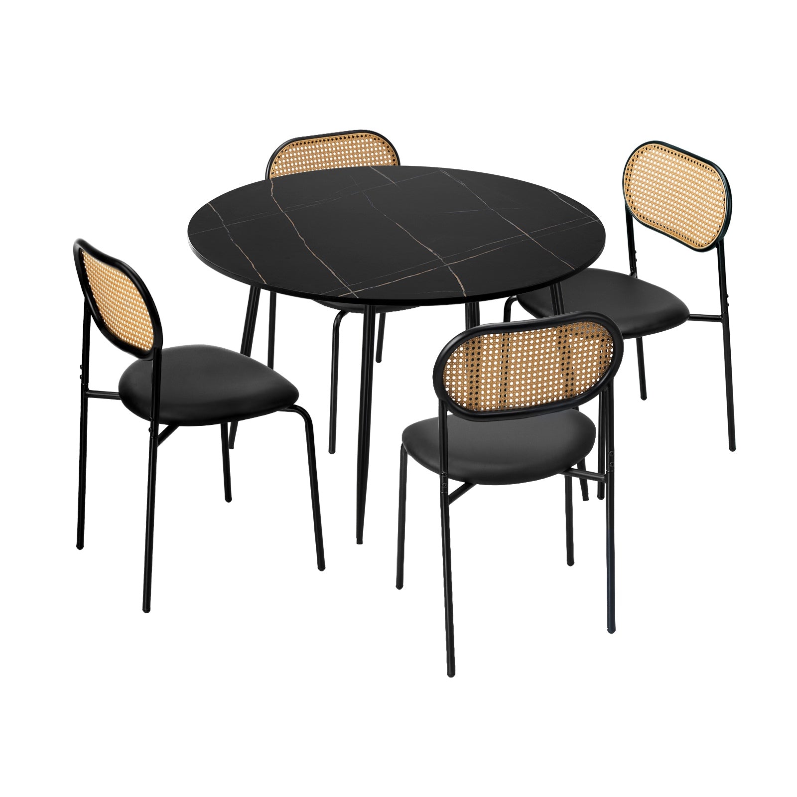 Oikiture 110cm Round Dining Table with 4PCS Dining Chairs PU Leather Black - Sunyee