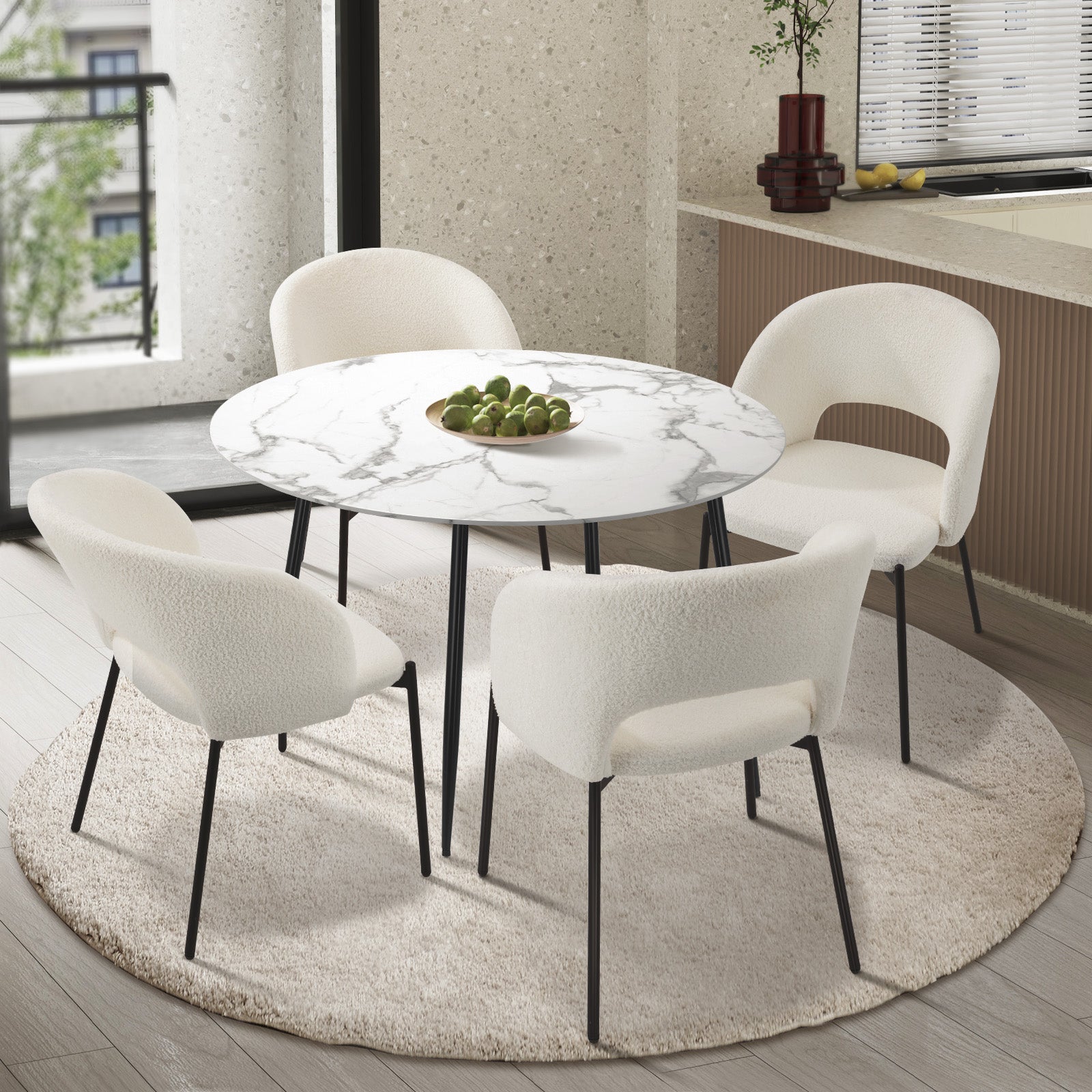 Oikiture 110cm Round Dining Table with 4PCS Dining Chairs Sherpa White - Sunyee