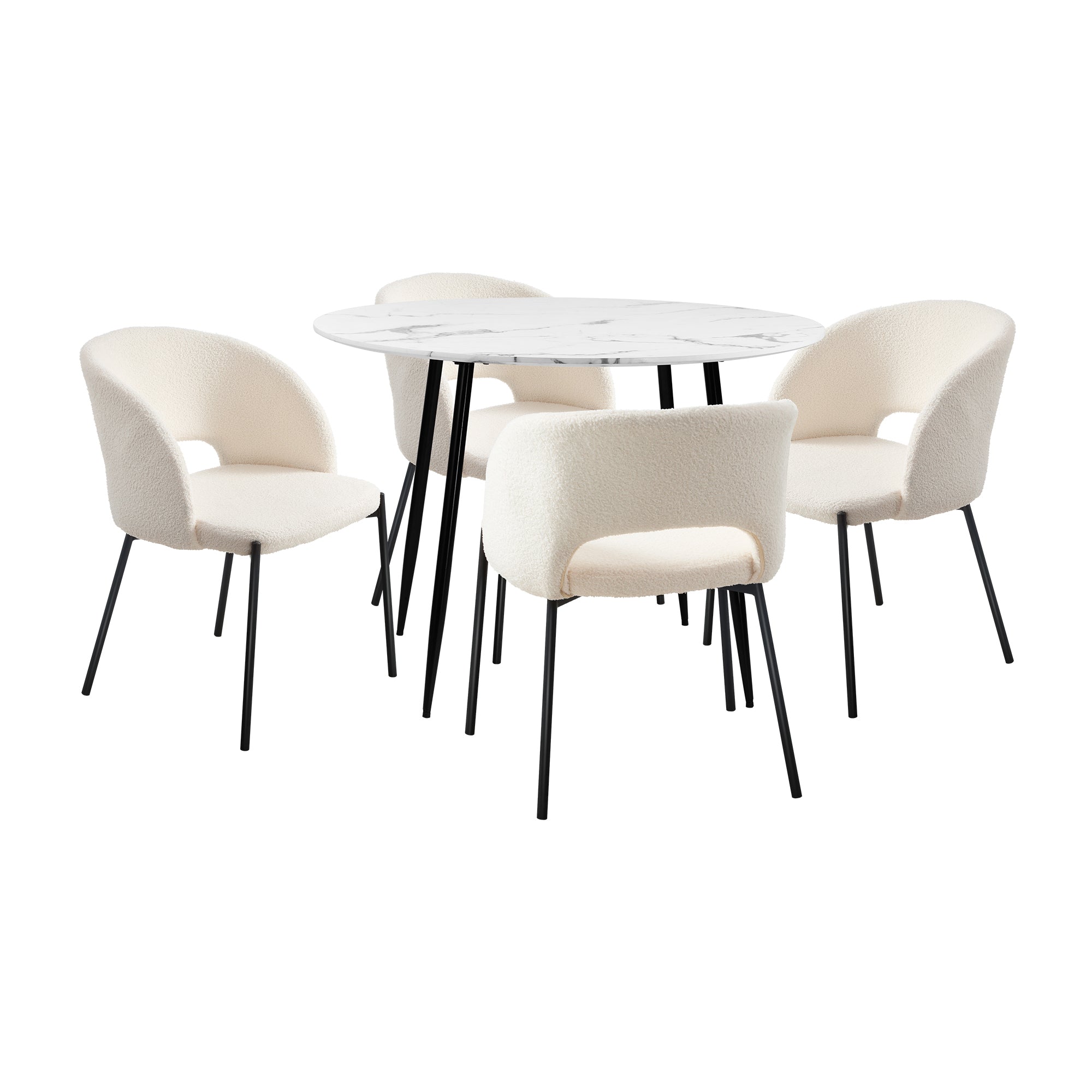 Oikiture 110cm Round Dining Table with 4PCS Dining Chairs Sherpa White - Sunyee