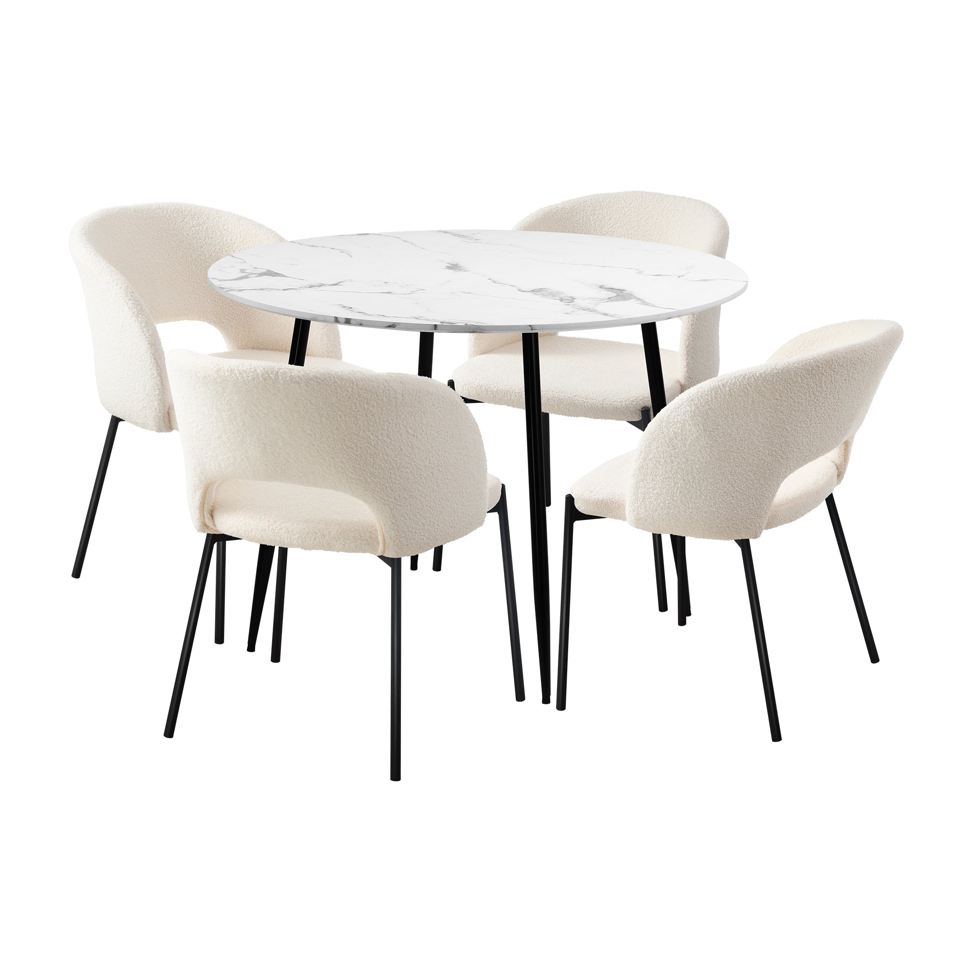 Oikiture 110cm Round Dining Table with 4PCS Dining Chairs Sherpa White - Sunyee
