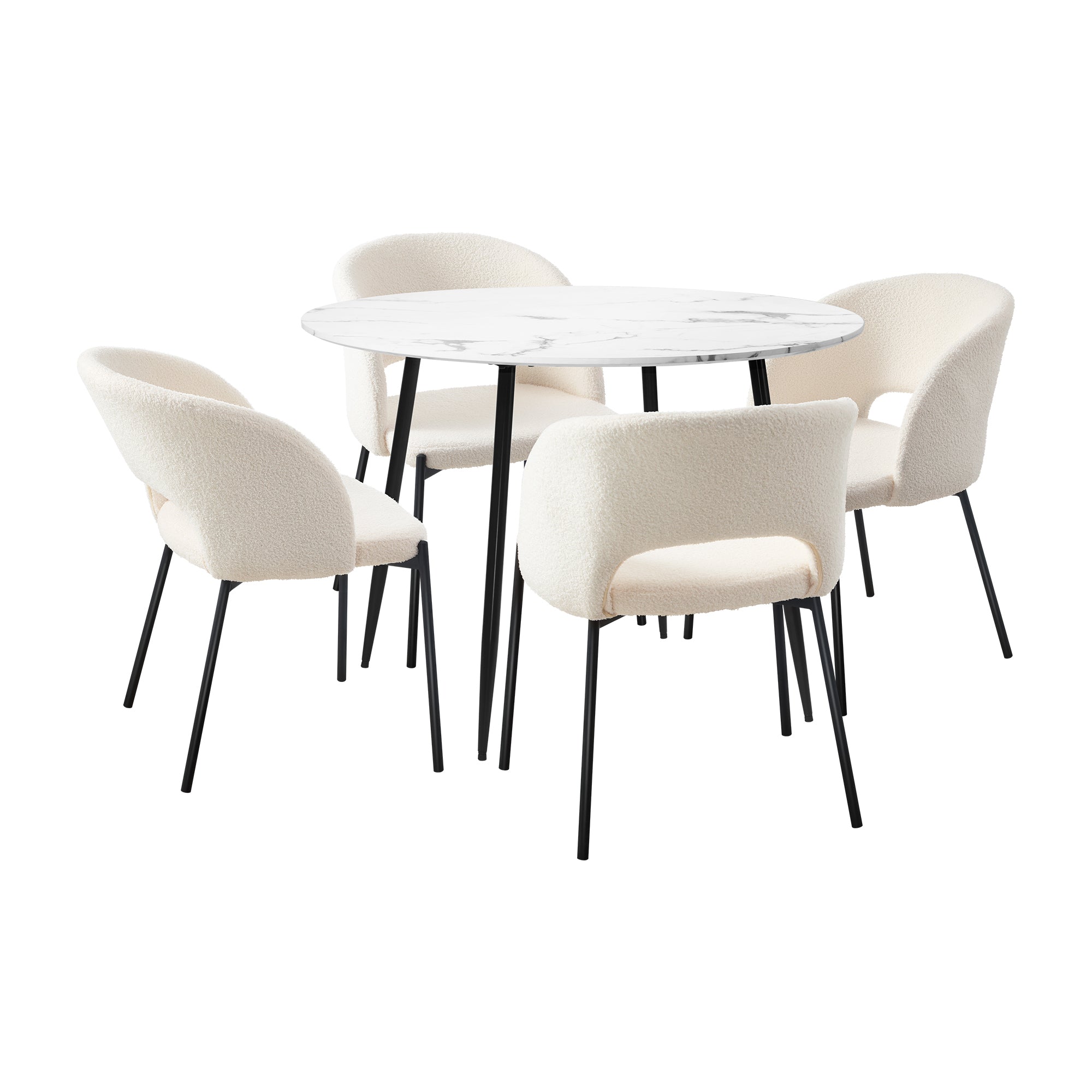 Oikiture 110cm Round Dining Table with 4PCS Dining Chairs Sherpa White - Sunyee