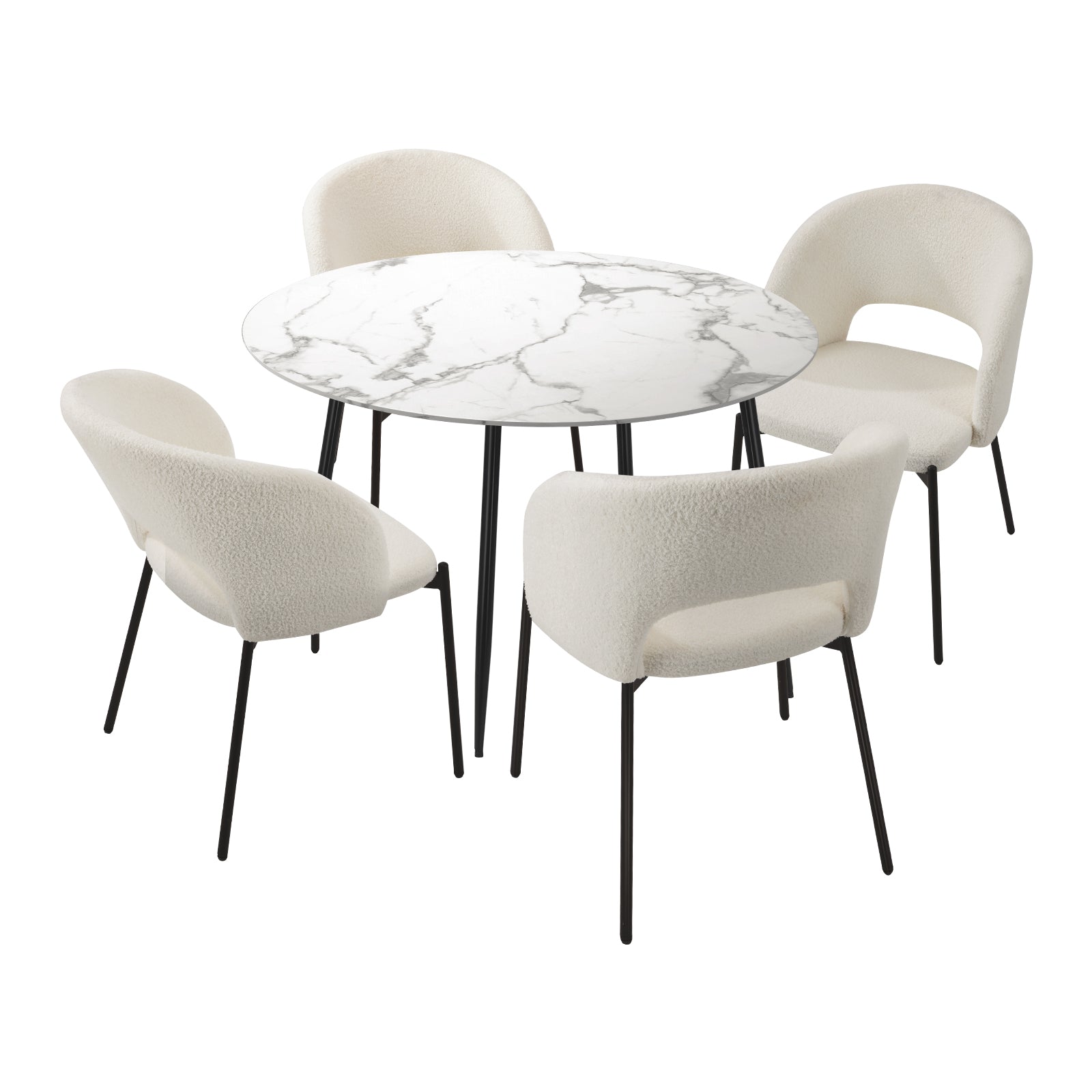 Oikiture 110cm Round Dining Table with 4PCS Dining Chairs Sherpa White - Sunyee