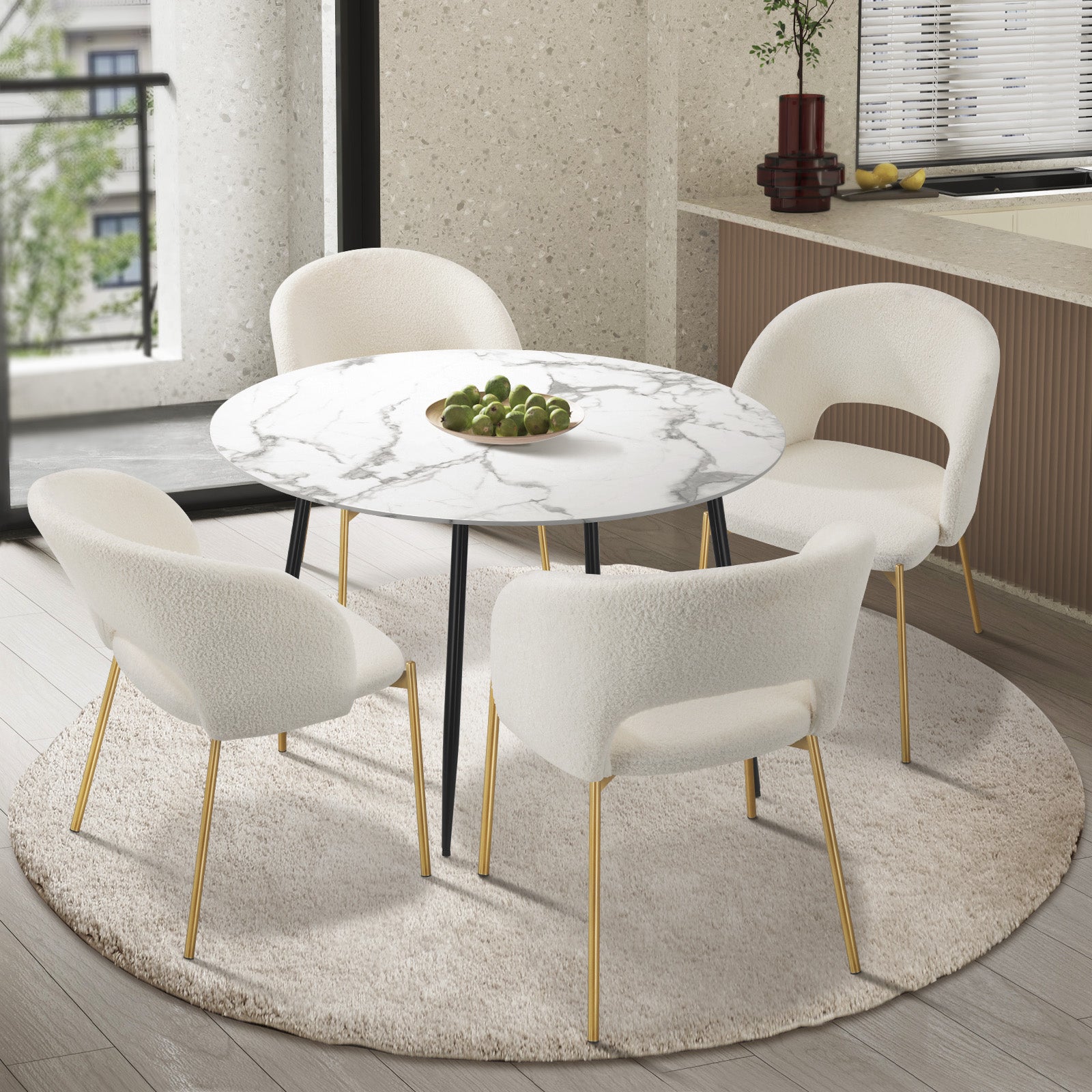 Oikiture 110cm Round Dining Table with 4PCS Dining Chairs Sherpa Gold - Sunyee