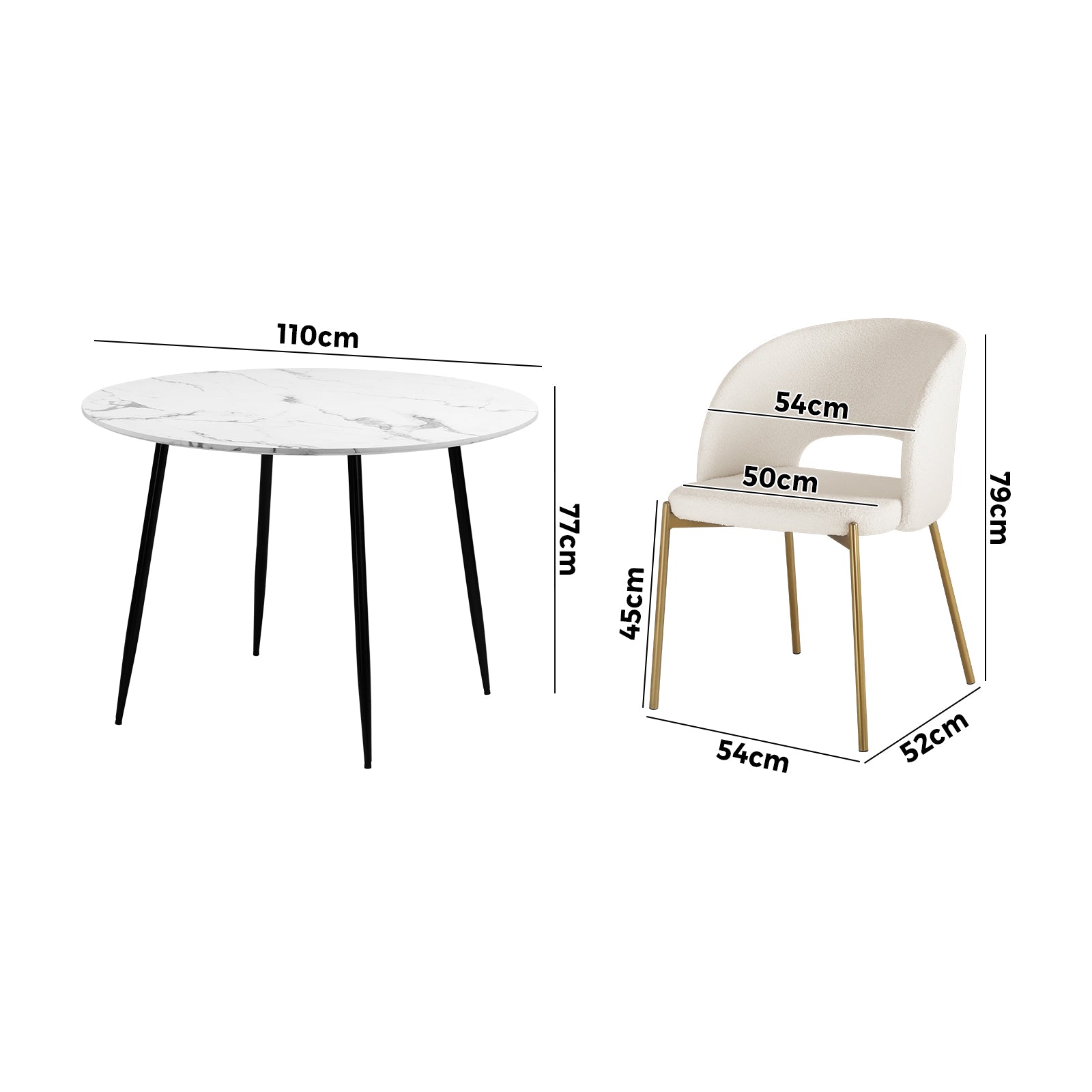 Oikiture 110cm Round Dining Table with 4PCS Dining Chairs Sherpa Gold - Sunyee