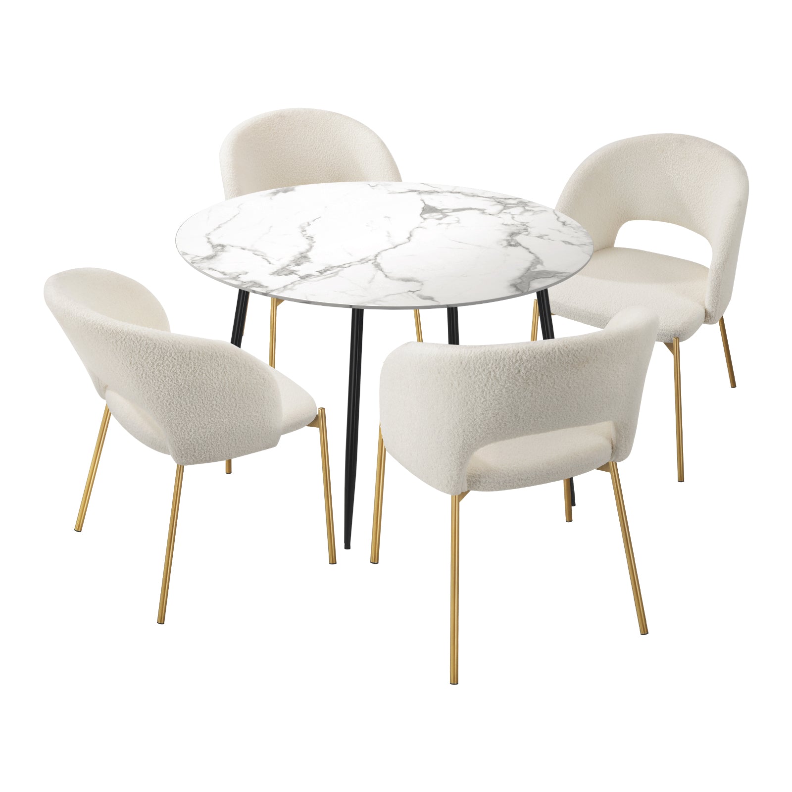 Oikiture 110cm Round Dining Table with 4PCS Dining Chairs Sherpa Gold - Sunyee