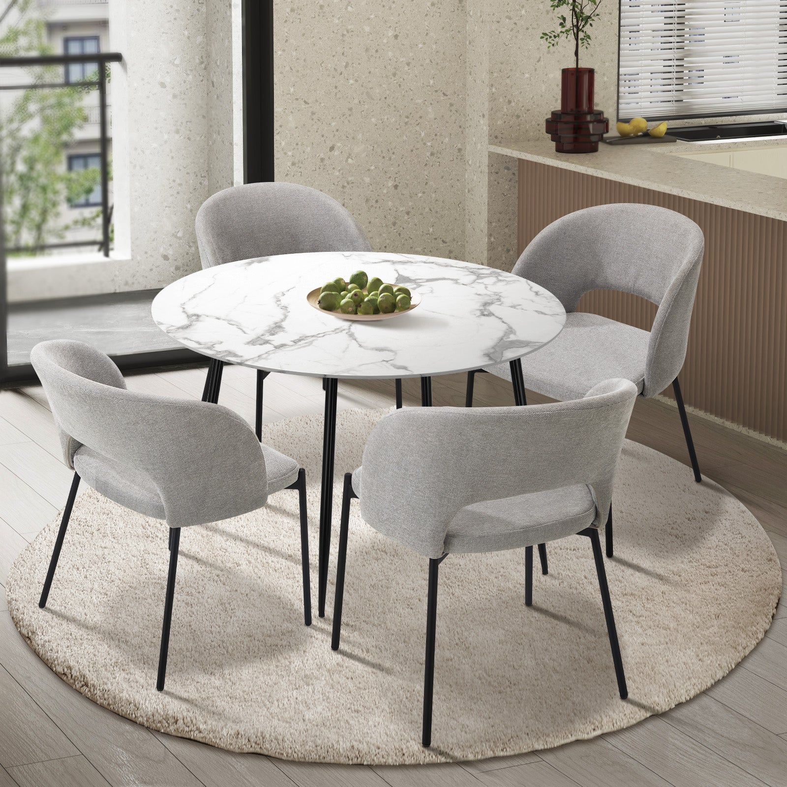 Oikiture 110cm Round Dining Table with 4PCS Dining Chairs Fabric Grey - Sunyee