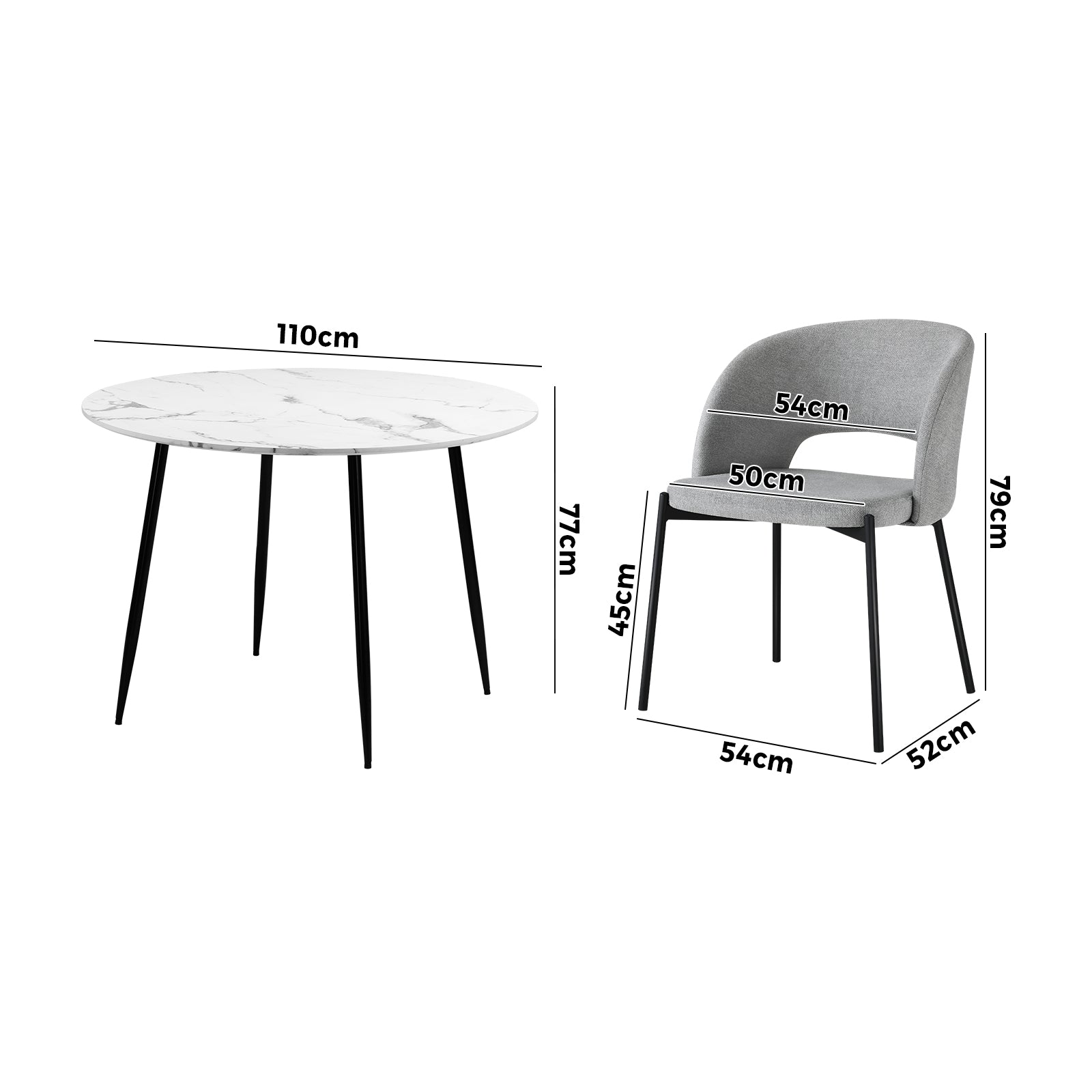 Oikiture 110cm Round Dining Table with 4PCS Dining Chairs Fabric Grey - Sunyee