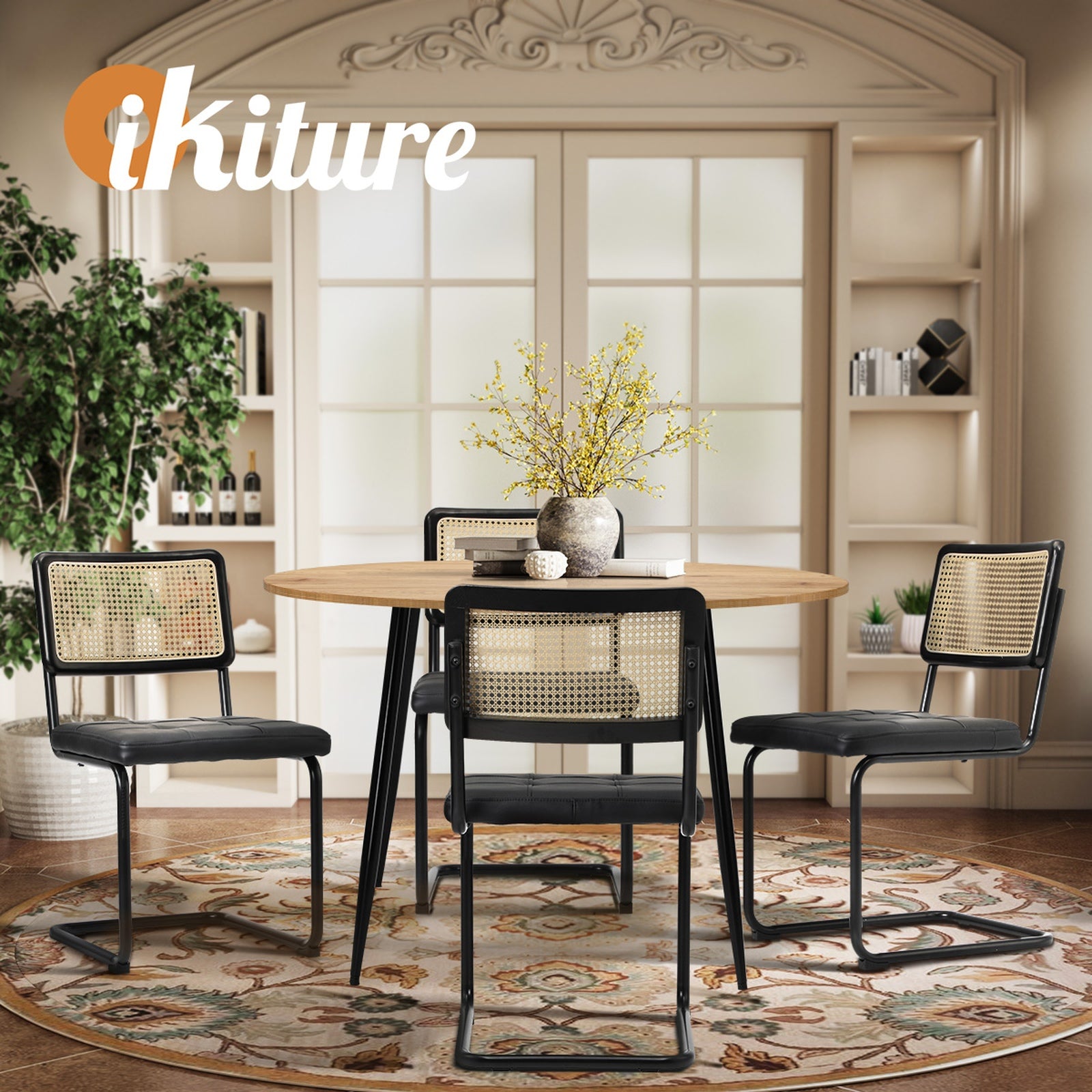 Oikiture 110cm Round Dining Table with 4PCS Dining Chairs Leather Padded Black - Sunyee